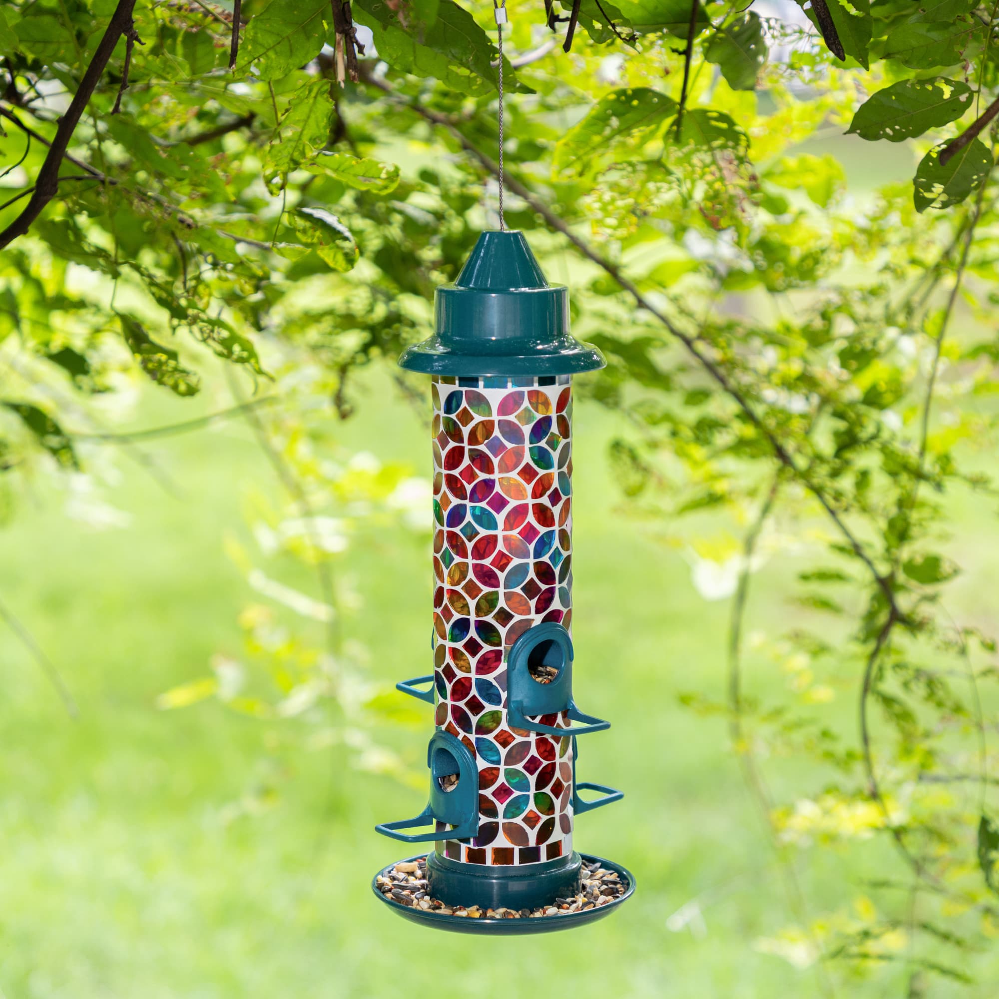 Glitzhome® 20" Glass Tall Hanging Multi-Color Mosaic Birdfeeder