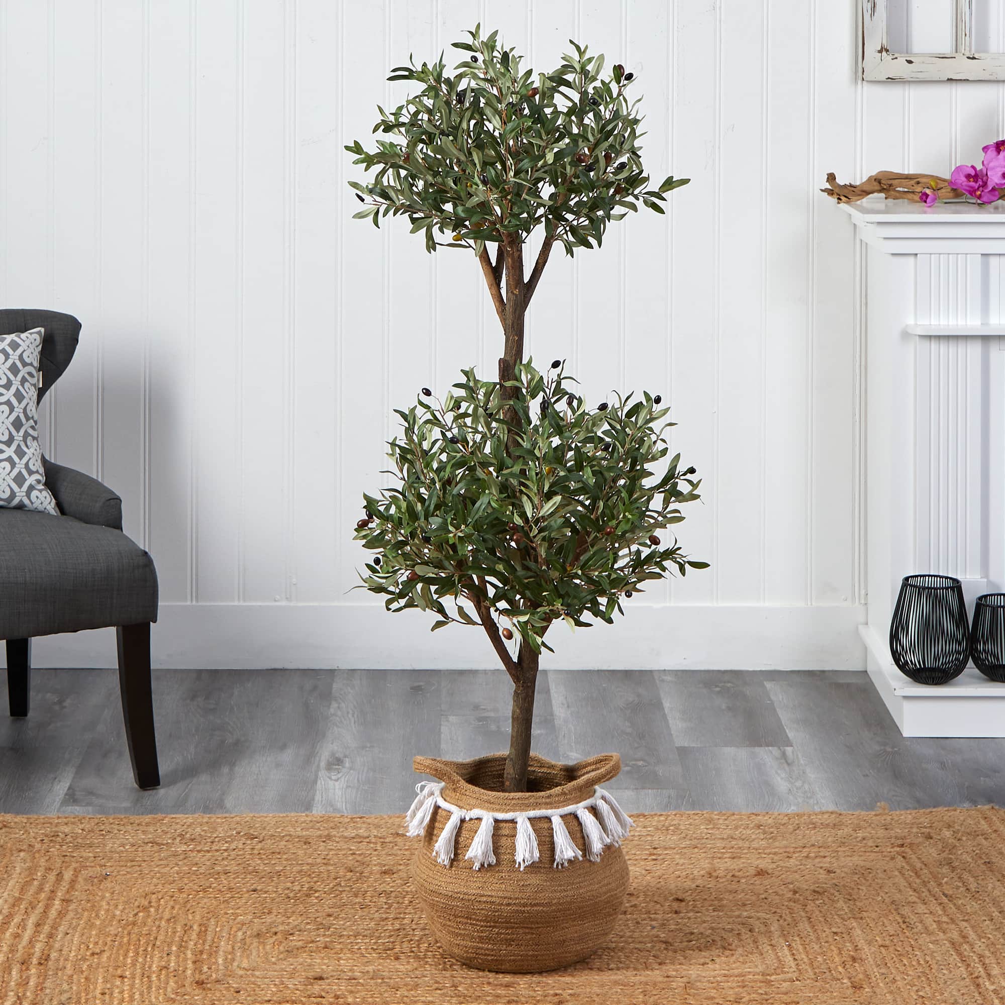 4.5ft. Artificial Olive Double Topiary in Cotton Basket