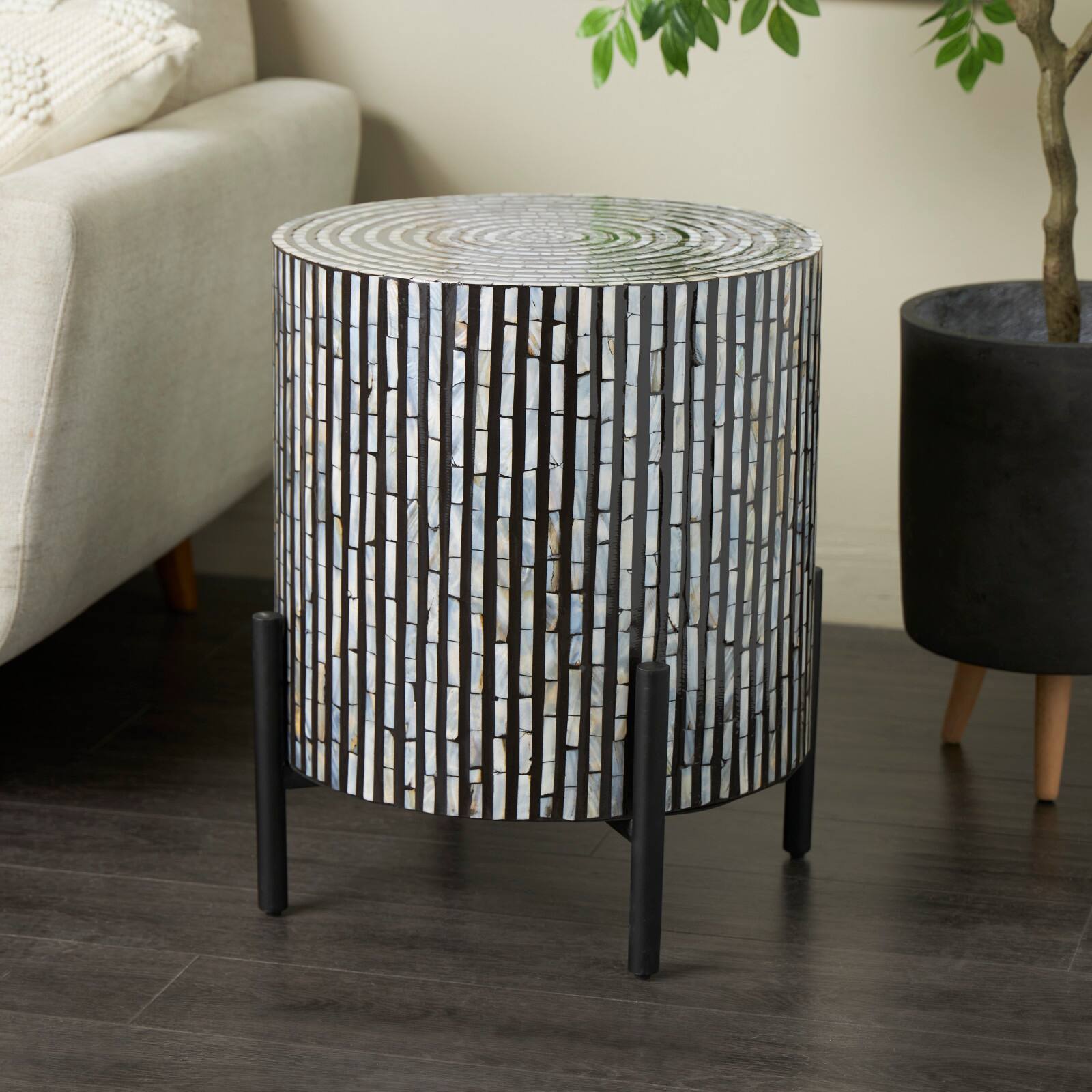 22" Mother of Pearl Shell Accent Table with Black Legs