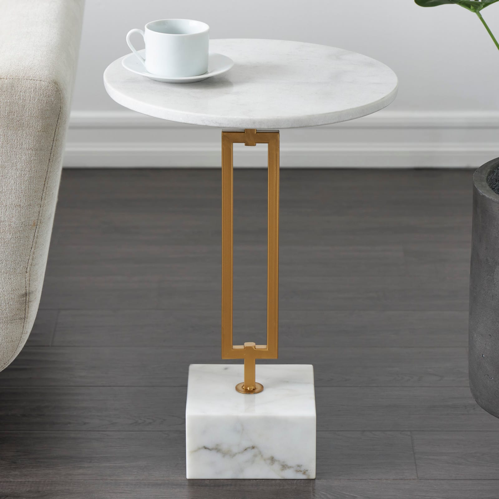 White Marble Geometric Accent Table with Gold Metal Rectangular Stand