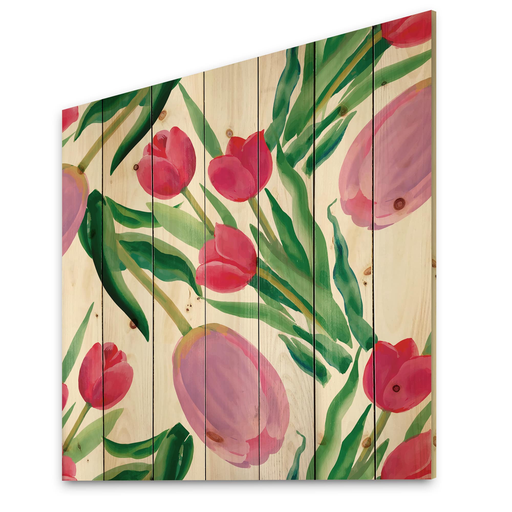Designart - Blooming Beautiful Pink Tulips Flowers - Traditional Print on Natural Pine Wood