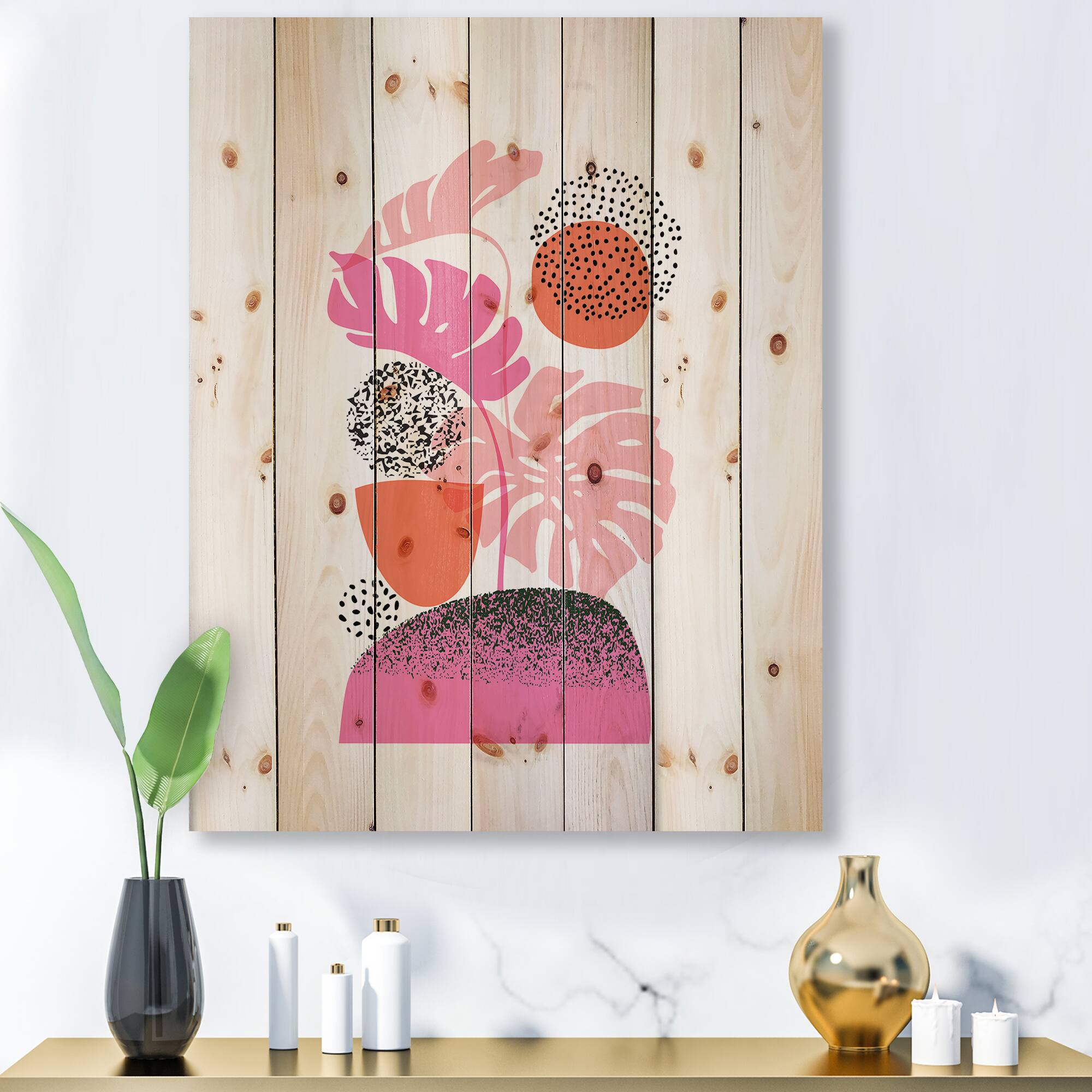 Designart - Geometric Moon &#x26; Sun Shapes With Tropical Leaves - Modern Print on Natural Pine Wood