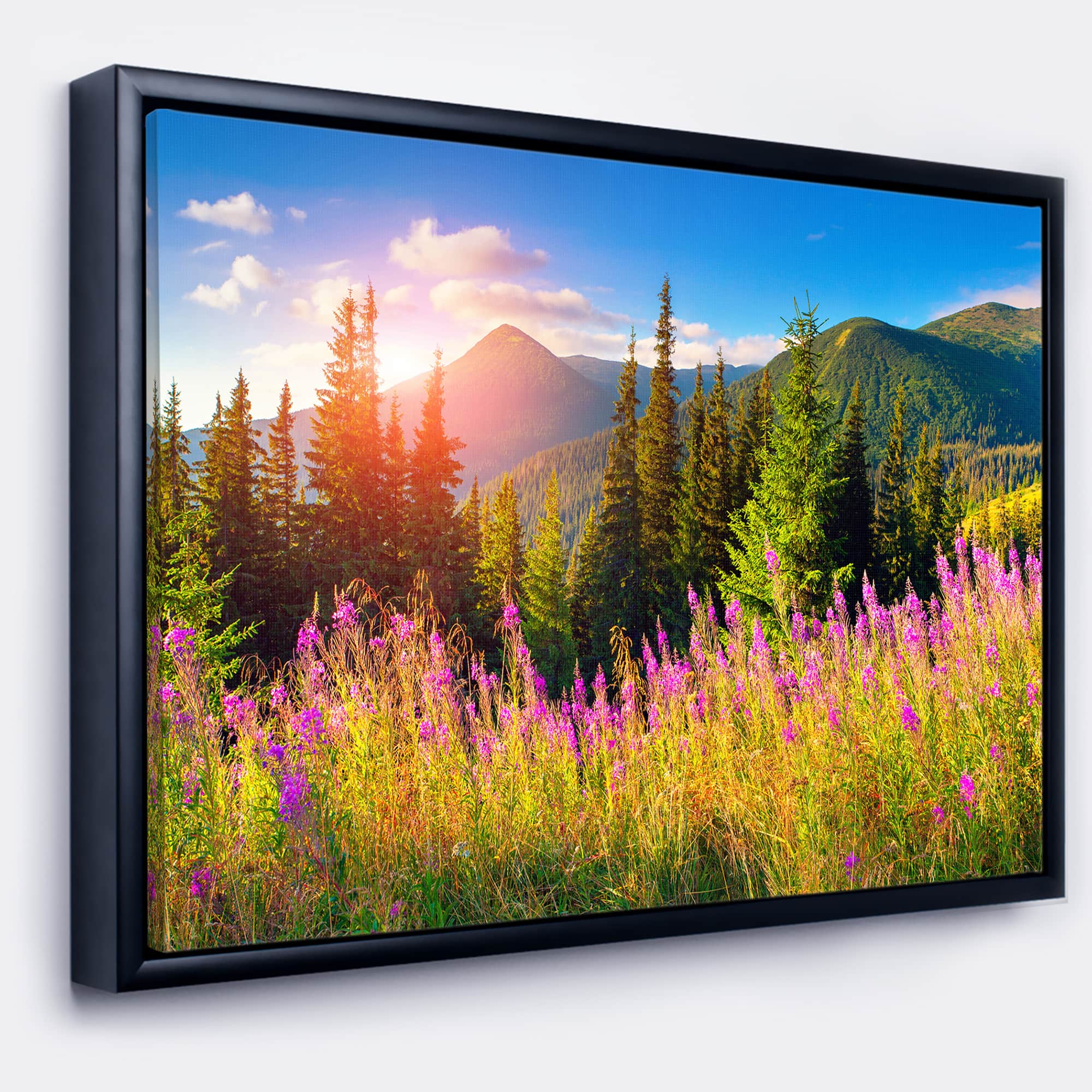 Designart - Mountains with Pink Flowers - Floral Canvas art print in Black Frame