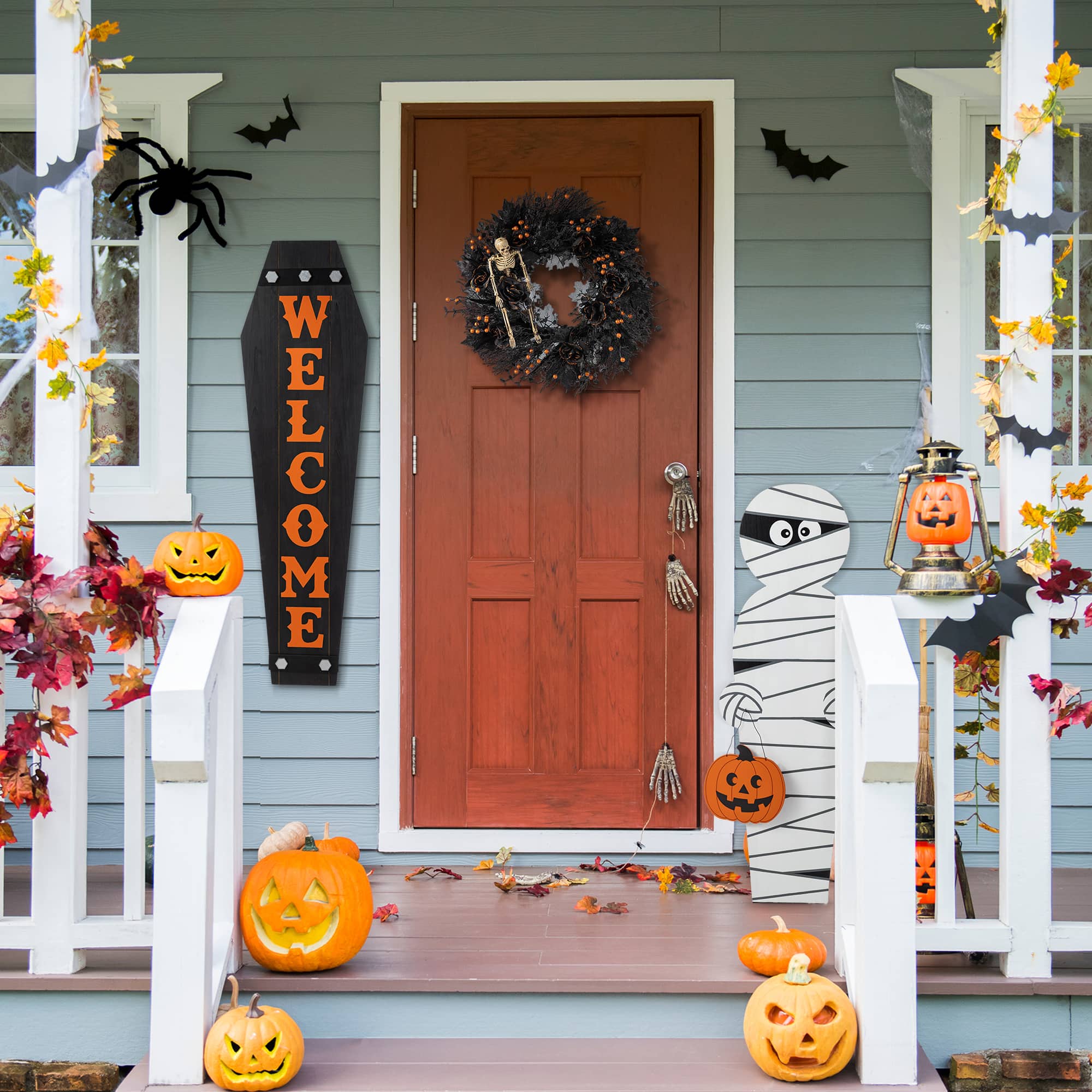 Glitzhome&#xAE; Halloween Wood Mummy and Welcome Coffin Porch Decor Set
