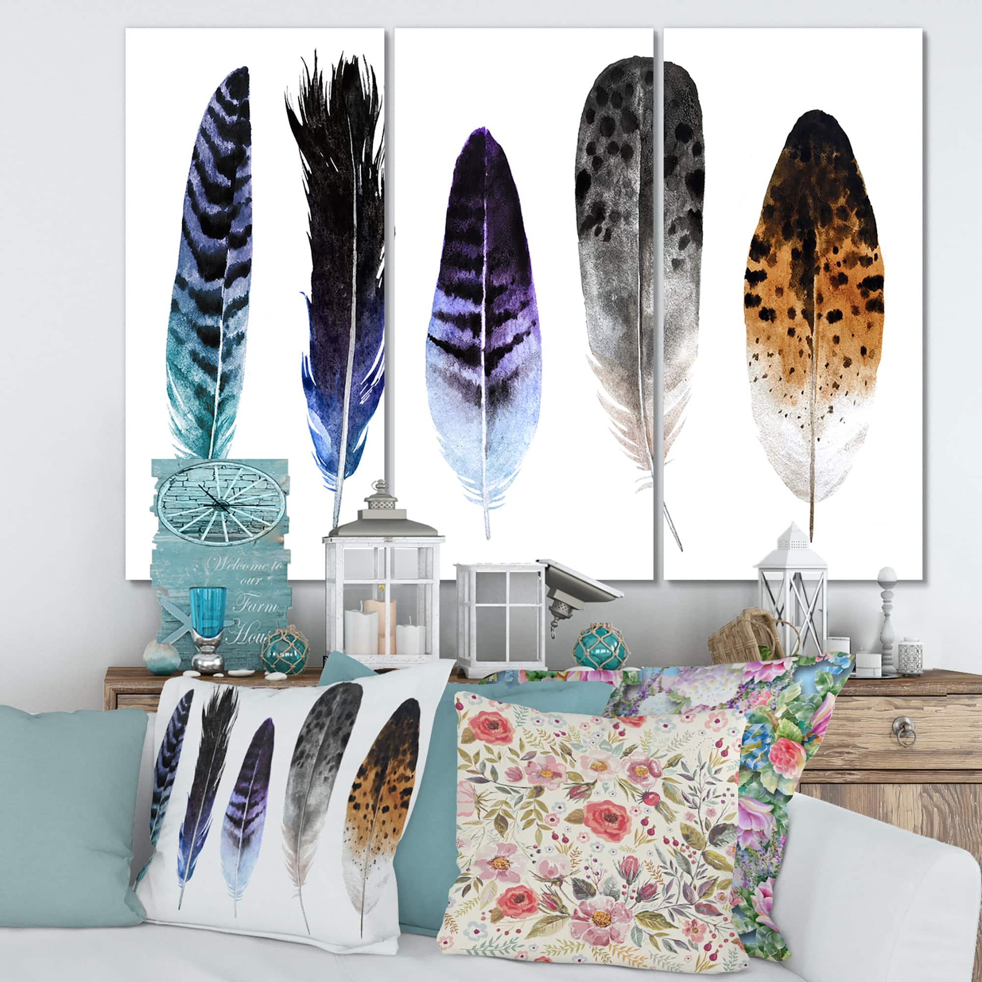Designart - Colourful Boho Feathers II - Bohemian & Eclectic Canvas Wall Art Print