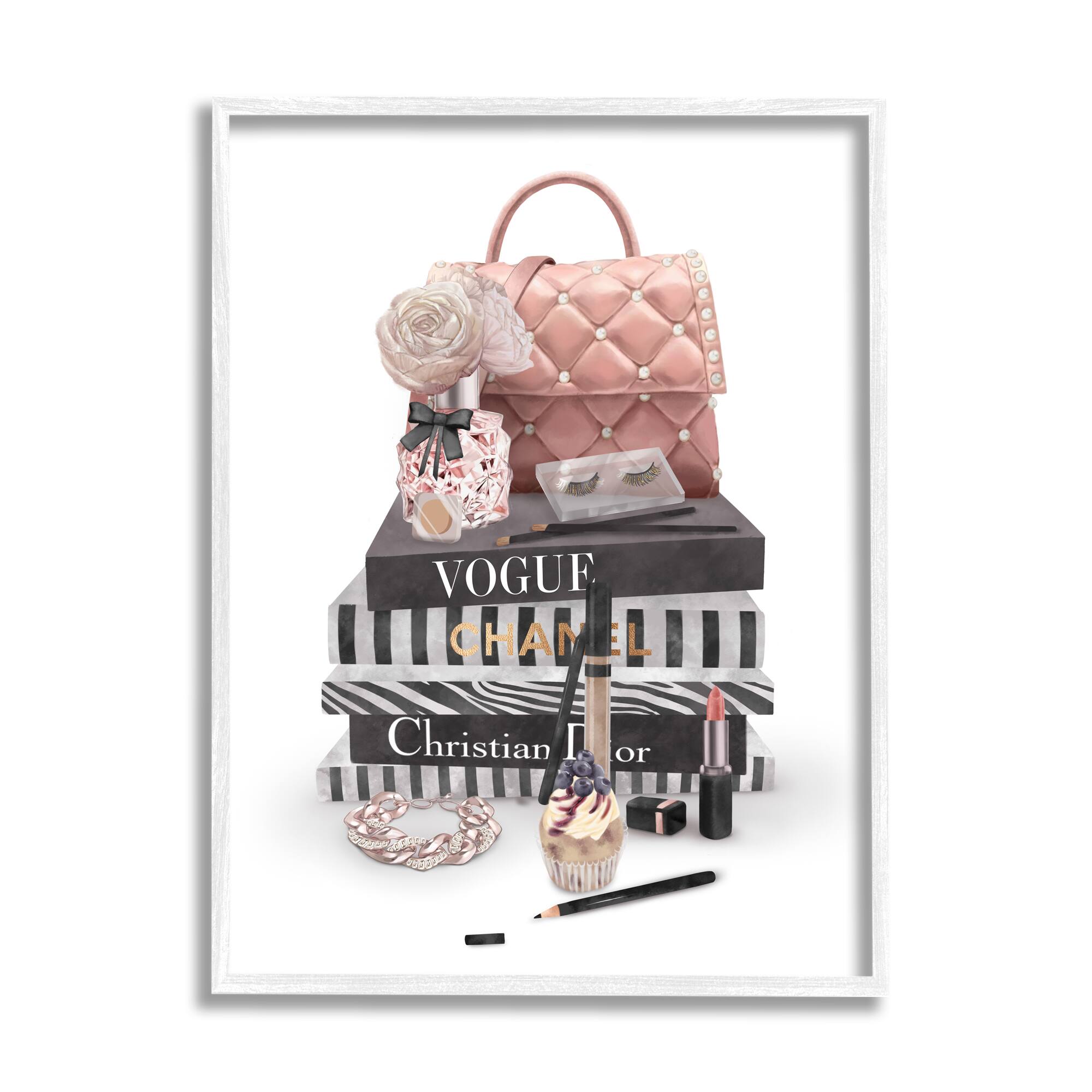 Stupell Industries Fashion Bookstack Purse Perfume Pink Glam Design Framed Wall Art