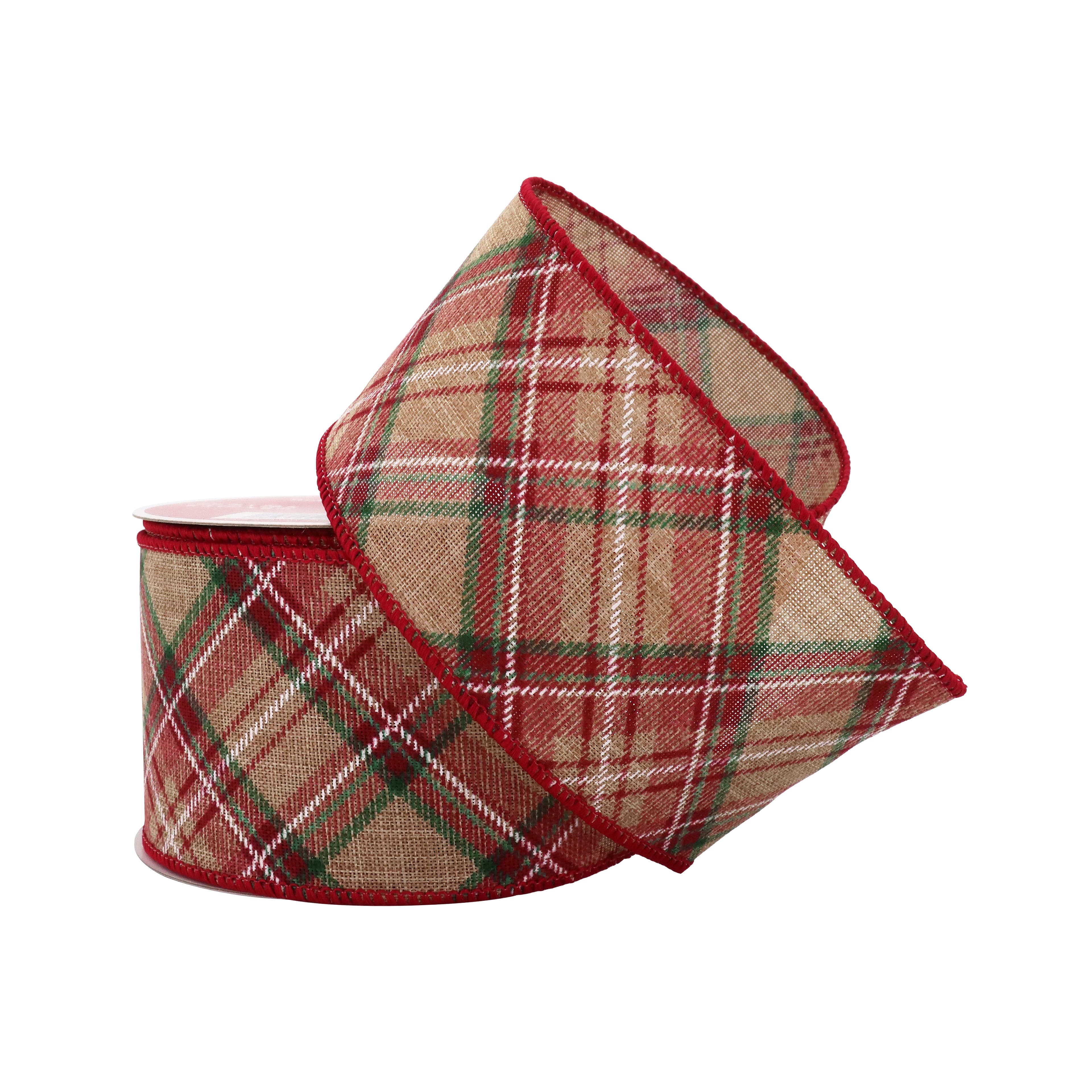 2.5&#x22; x 20ft. Red &#x26; Natural Wired Plaid Faux Linen Ribbon by Celebrate It&#xAE; Christmas