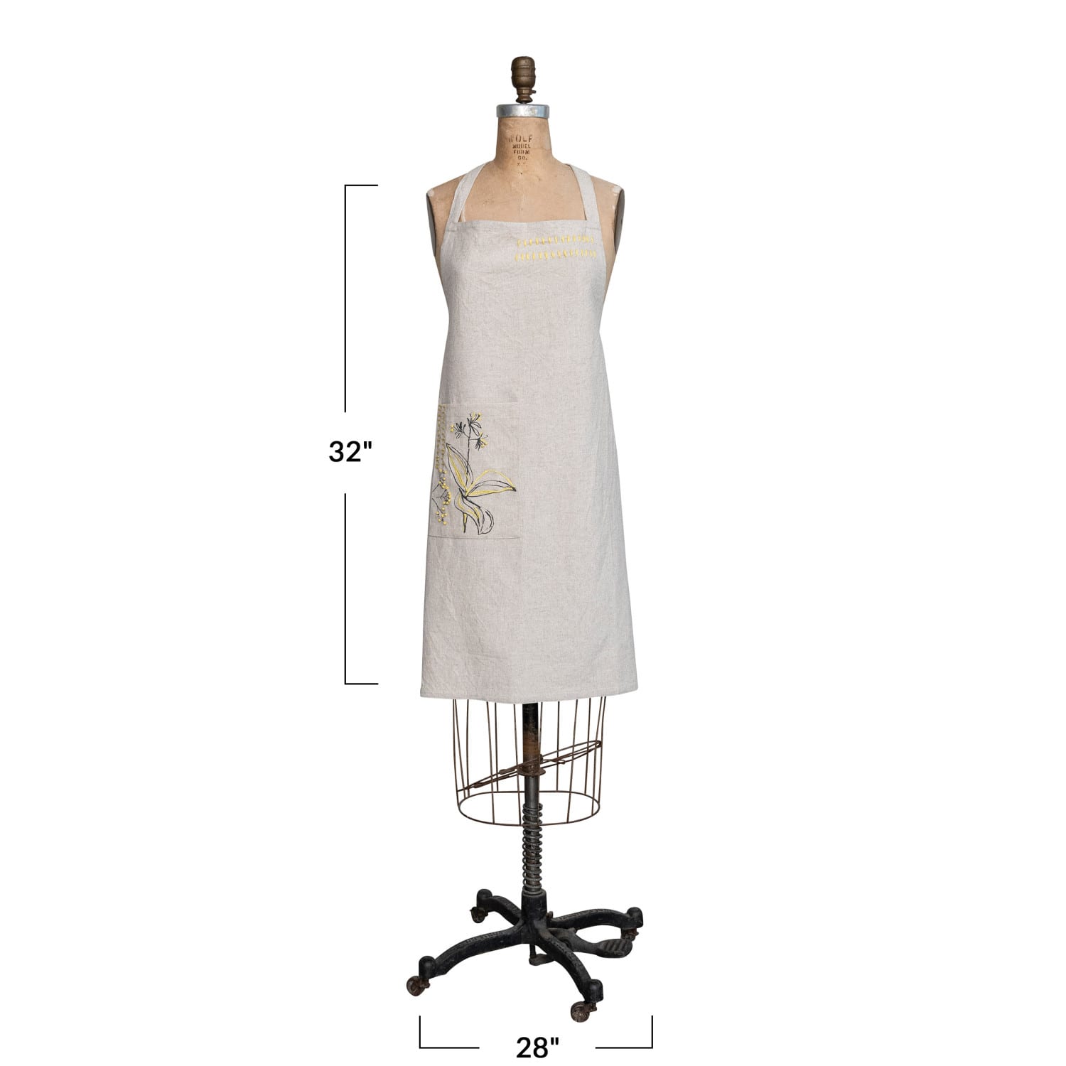 Hand-Embroidered Flower Design &#x26; French Knots Cotton &#x26; Linen Apron