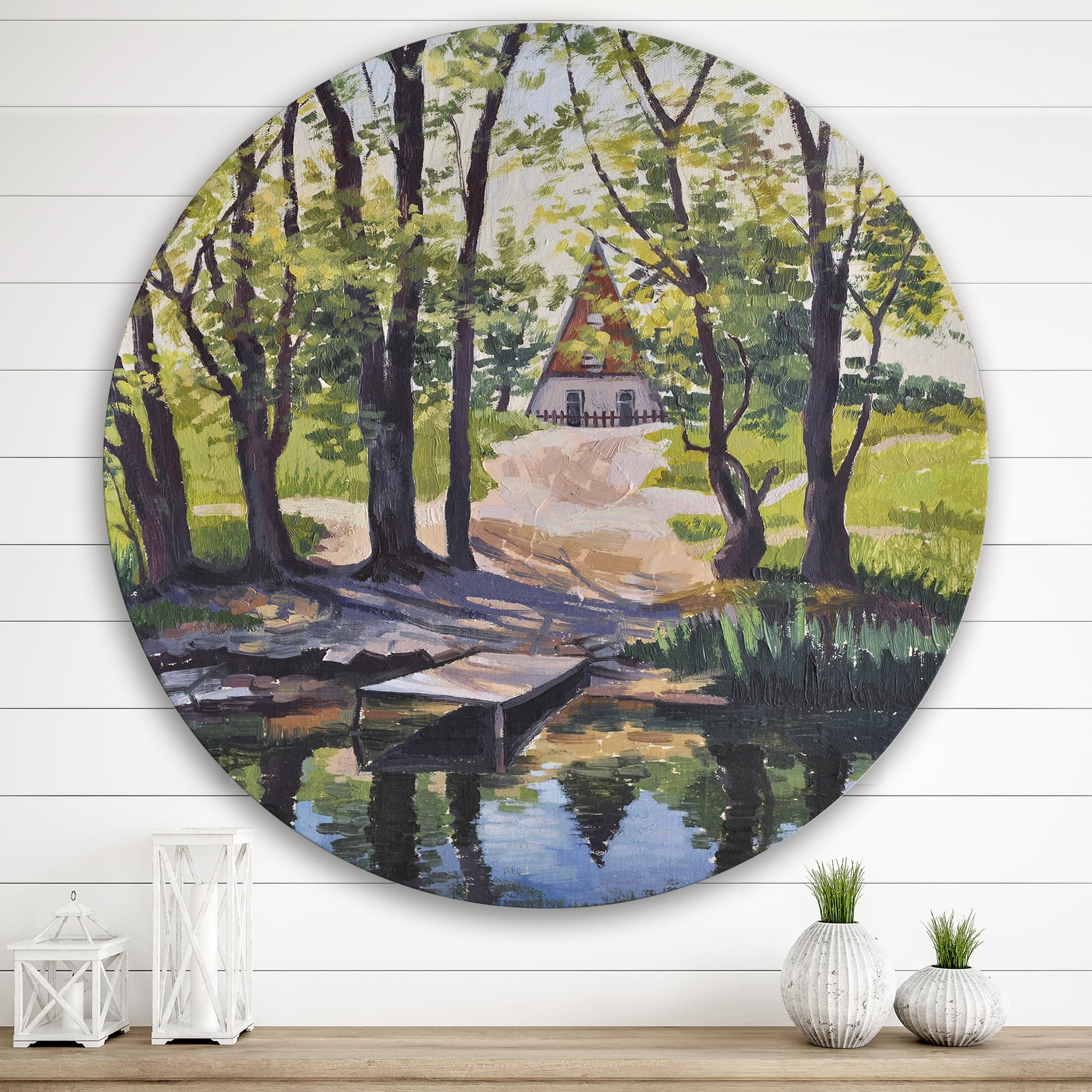 Designart - Mysterious House By The River In The Woods - Lake House Metal Circle Wall Art
