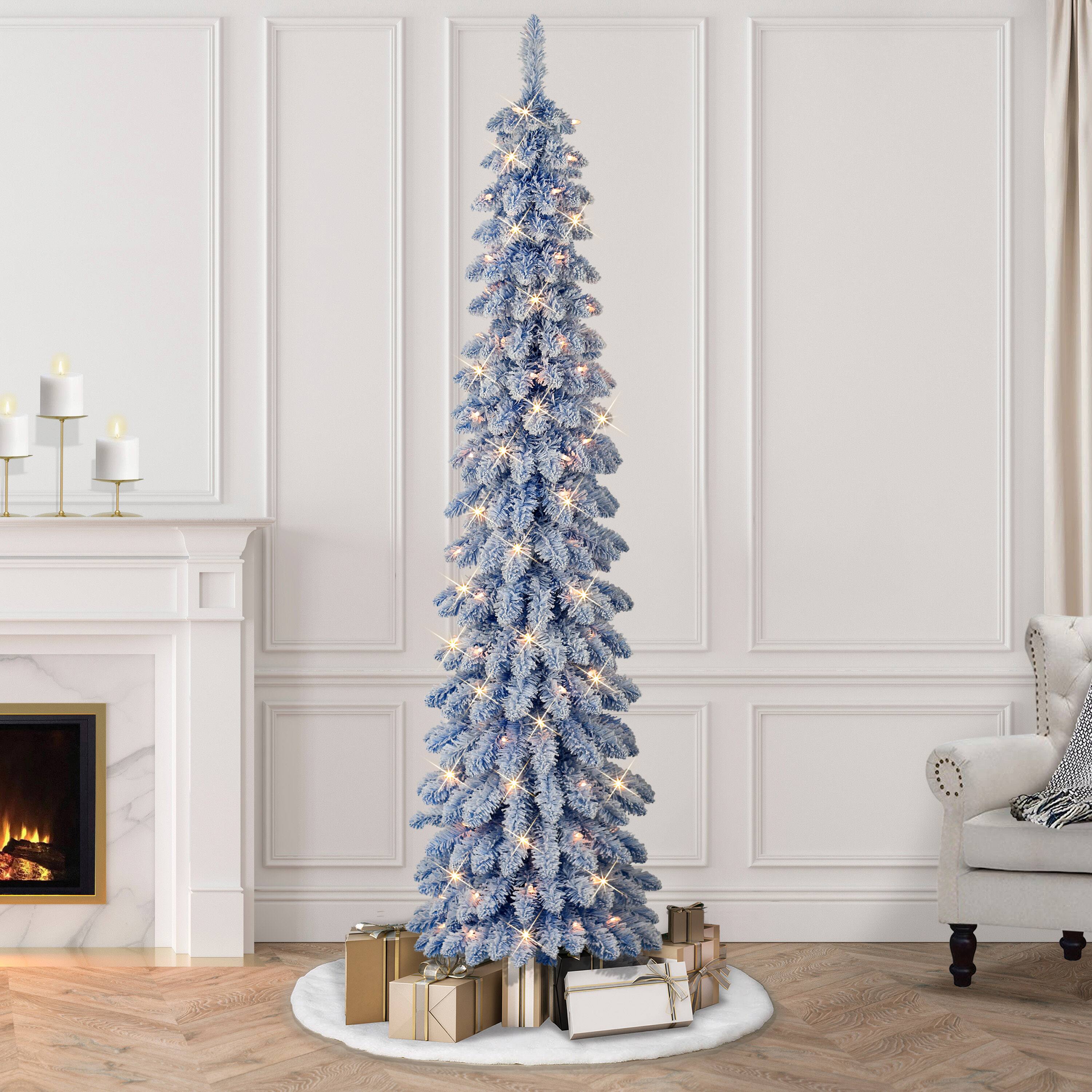 7ft. Pre-Lit Flocked Blue Artificial Alpine Pencil Christmas Tree, Clear Lights