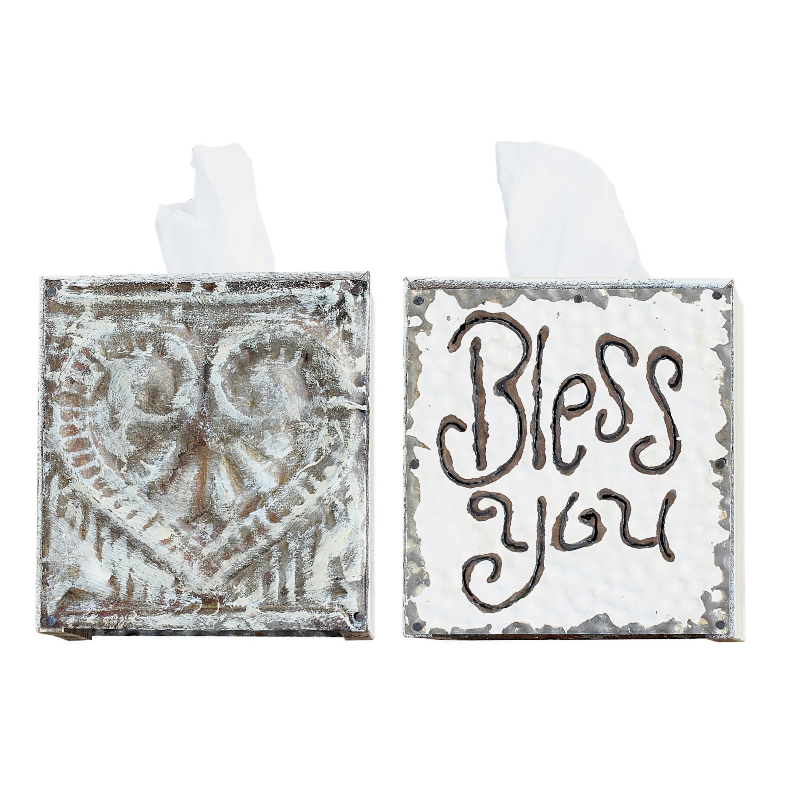 6.5&#x22; Wood &#x26; Metal &#x22;Bless You&#x22; Tissue Box Cover