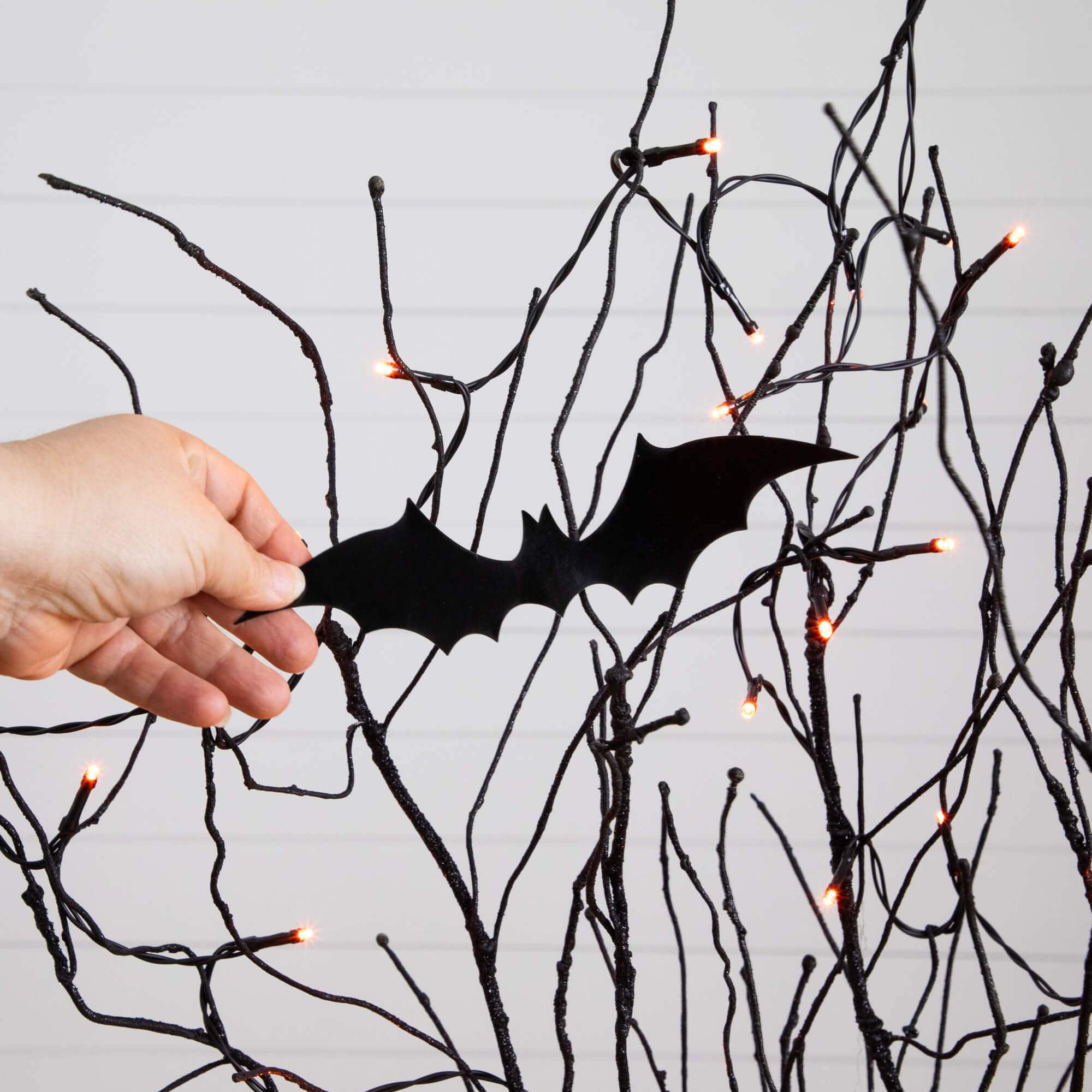 4ft. Pre-Lit Artificial Halloween Black Twig Tree with Bats and 50 Orange LED Lights