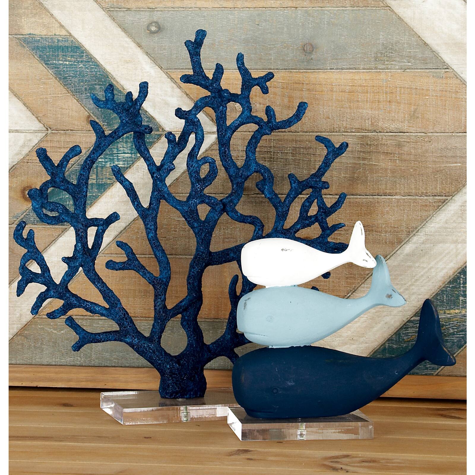 8&#x22; Blue &#x26; White Coastal Whales Sculpture