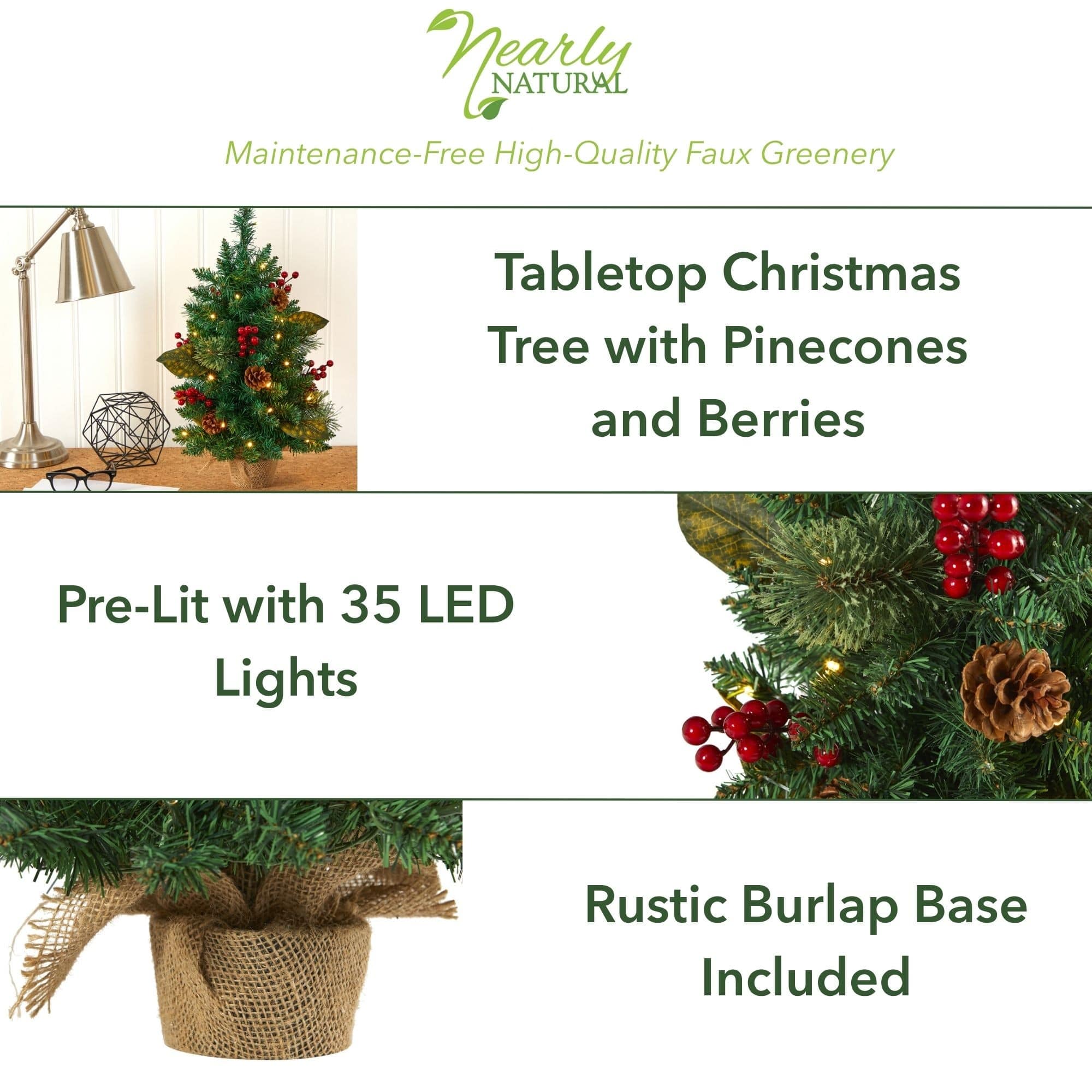 2ft. Pre-Lit Pine Artificial Potted Christmas Tree with Pinecone &#x26; Berries, Clear LED Lights