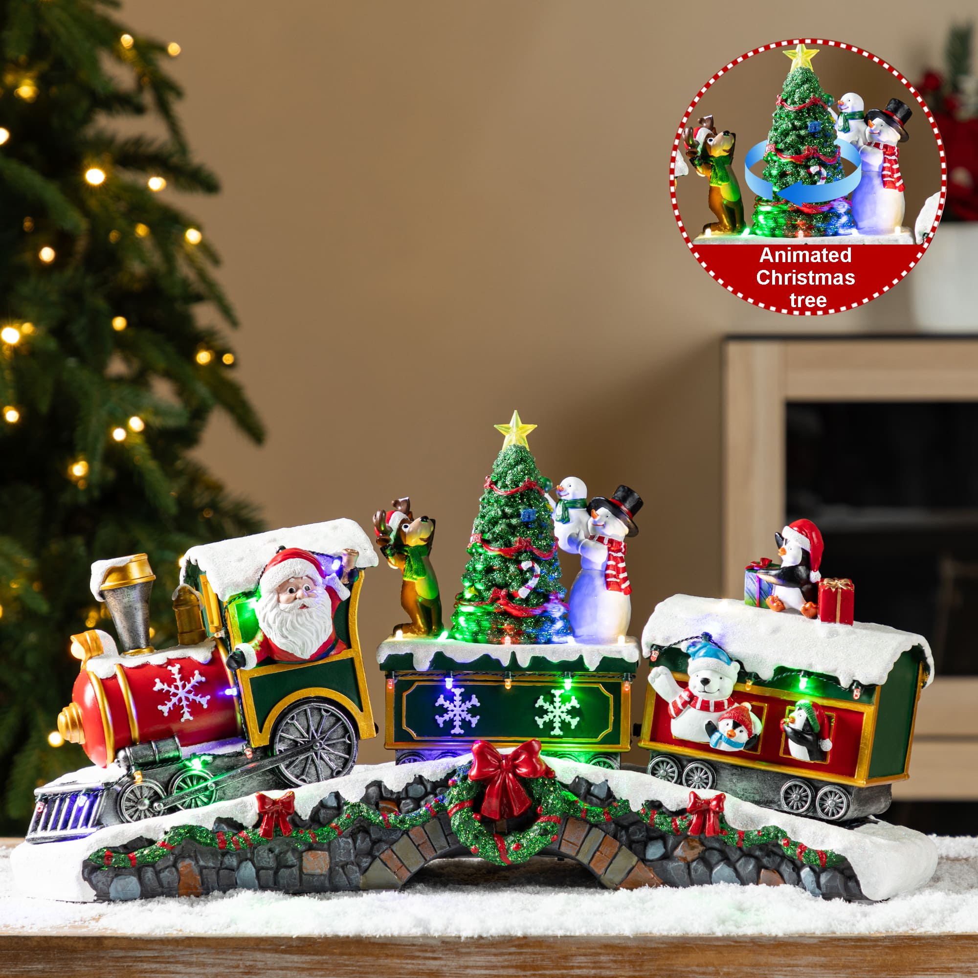 Glitzhome&#xAE; 20&#x22; Lighted Christmas Santa Train Resin Village with Movement and Music