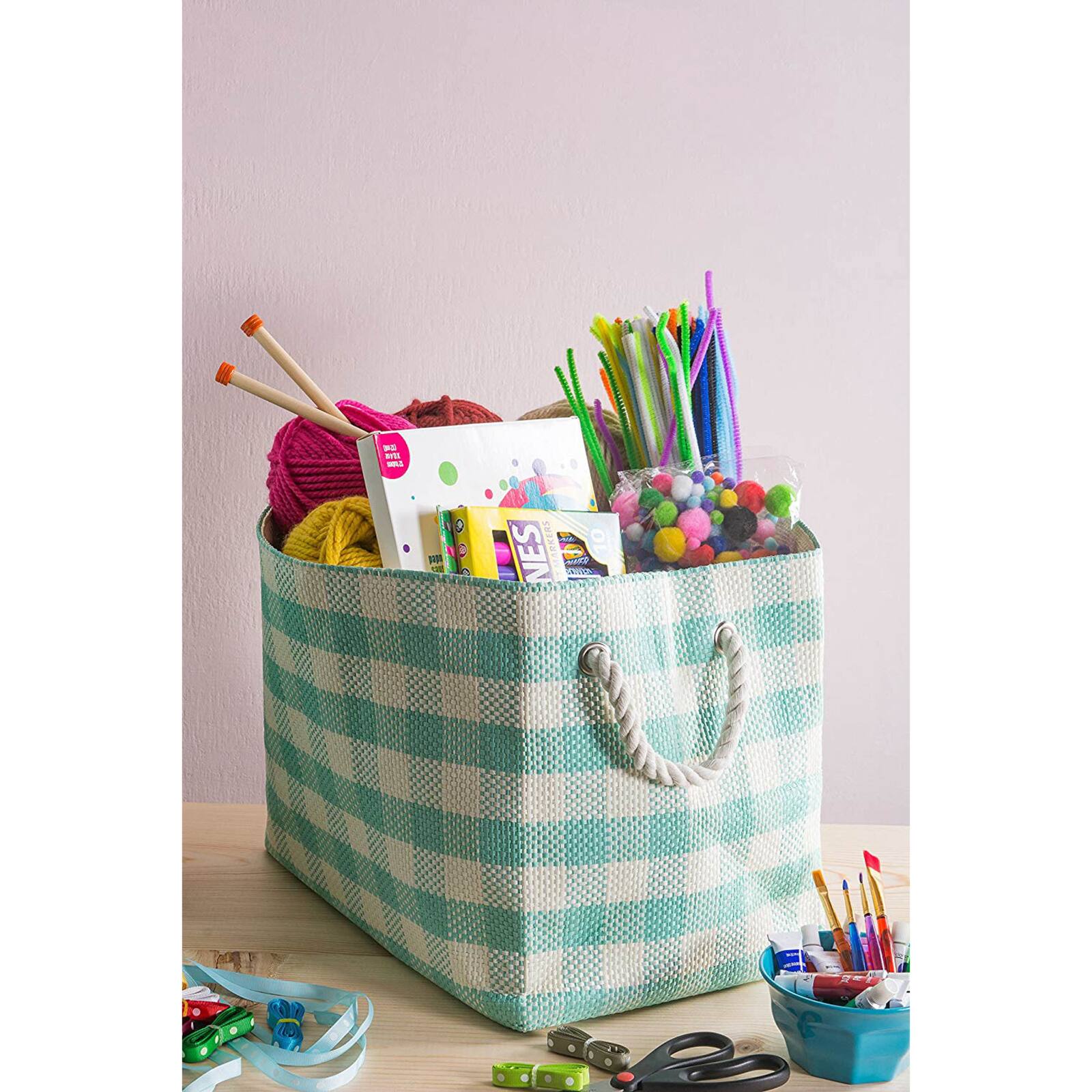 DII® Large Aqua Checked Rectangle Woven Paper Basket