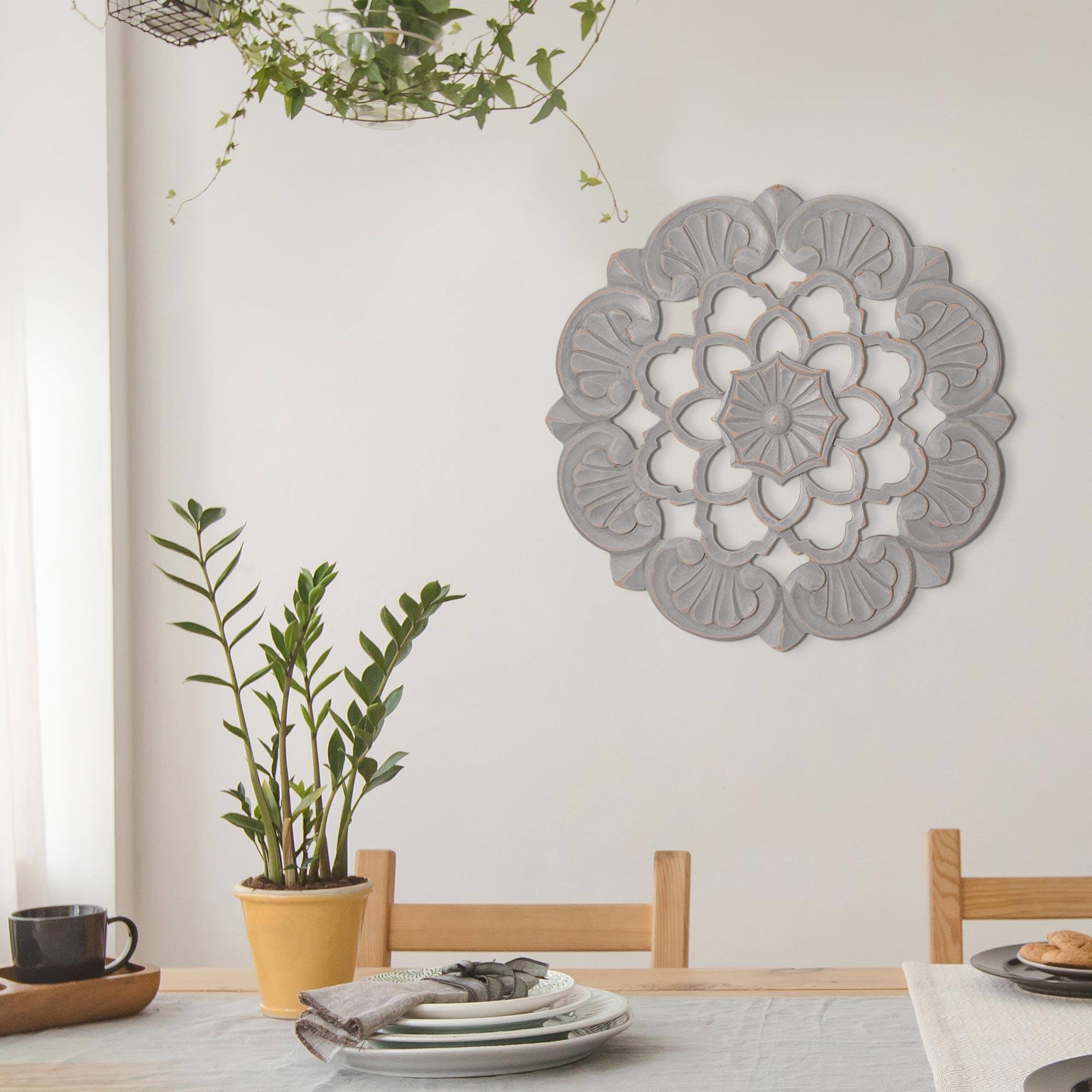American Art D&#xE9;cor&#x2122; 16&#x22; Small Gray Traditional Hand-Carved India Wood Medallion