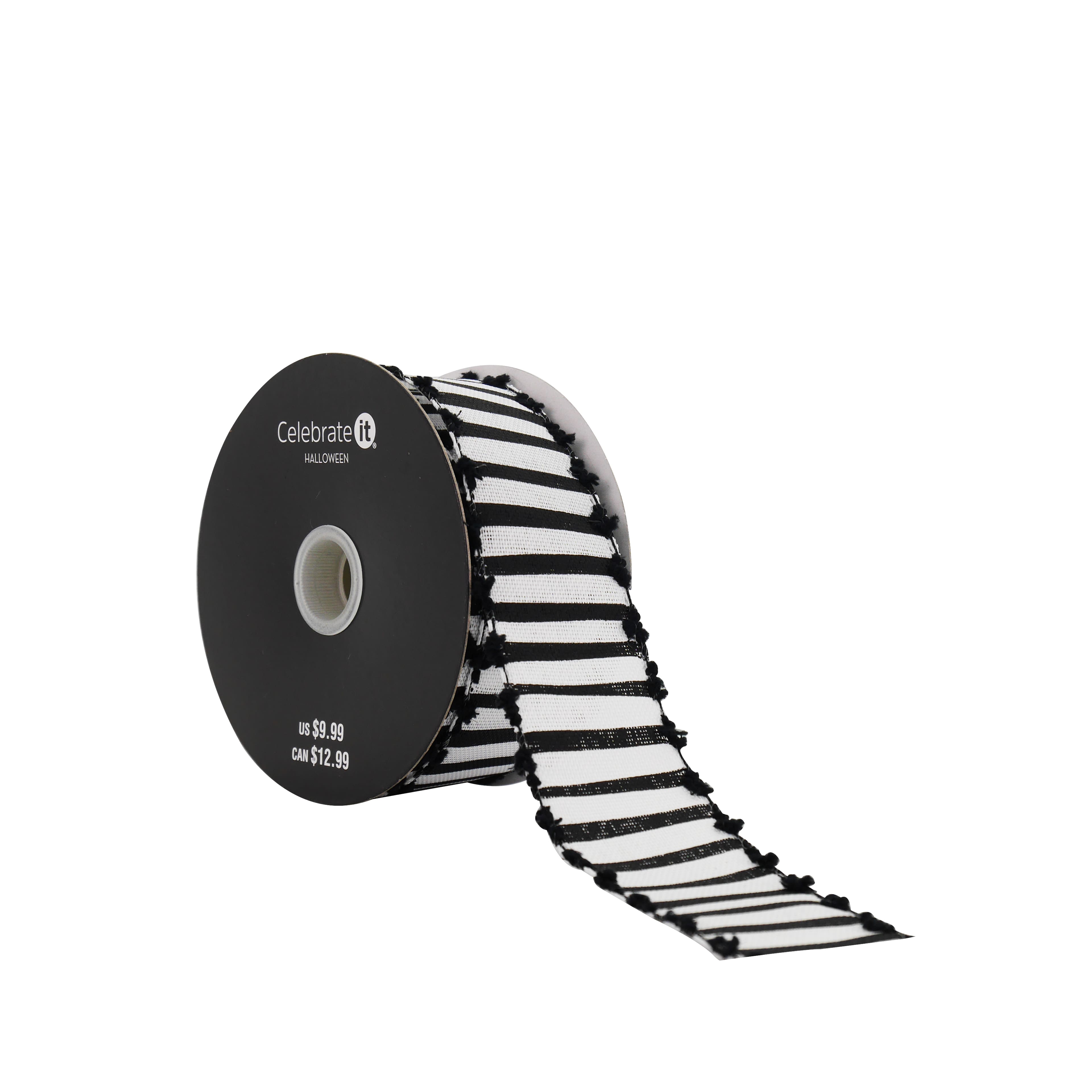 1.5&#x22; x 10yd. Black &#x26; White Striped with Pom Pom Edge Wired Faux Linen Ribbon by Celebrate It&#xAE; Halloween