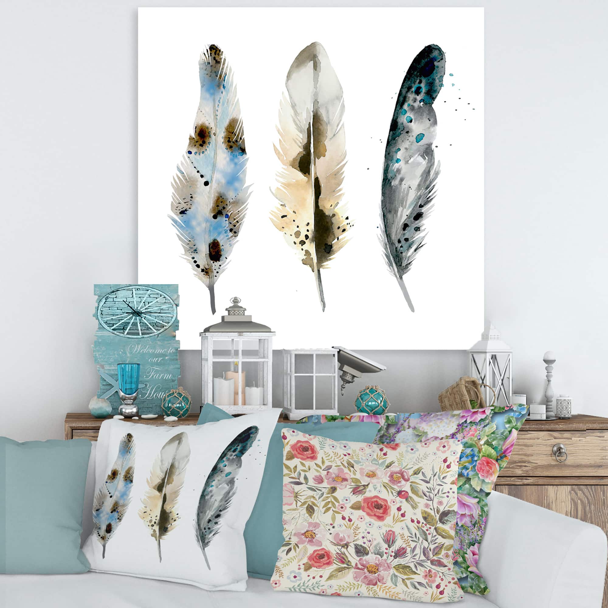 Designart - Colourful Boho Feathers V - Bohemian &#x26; Eclectic Canvas Wall Art Print