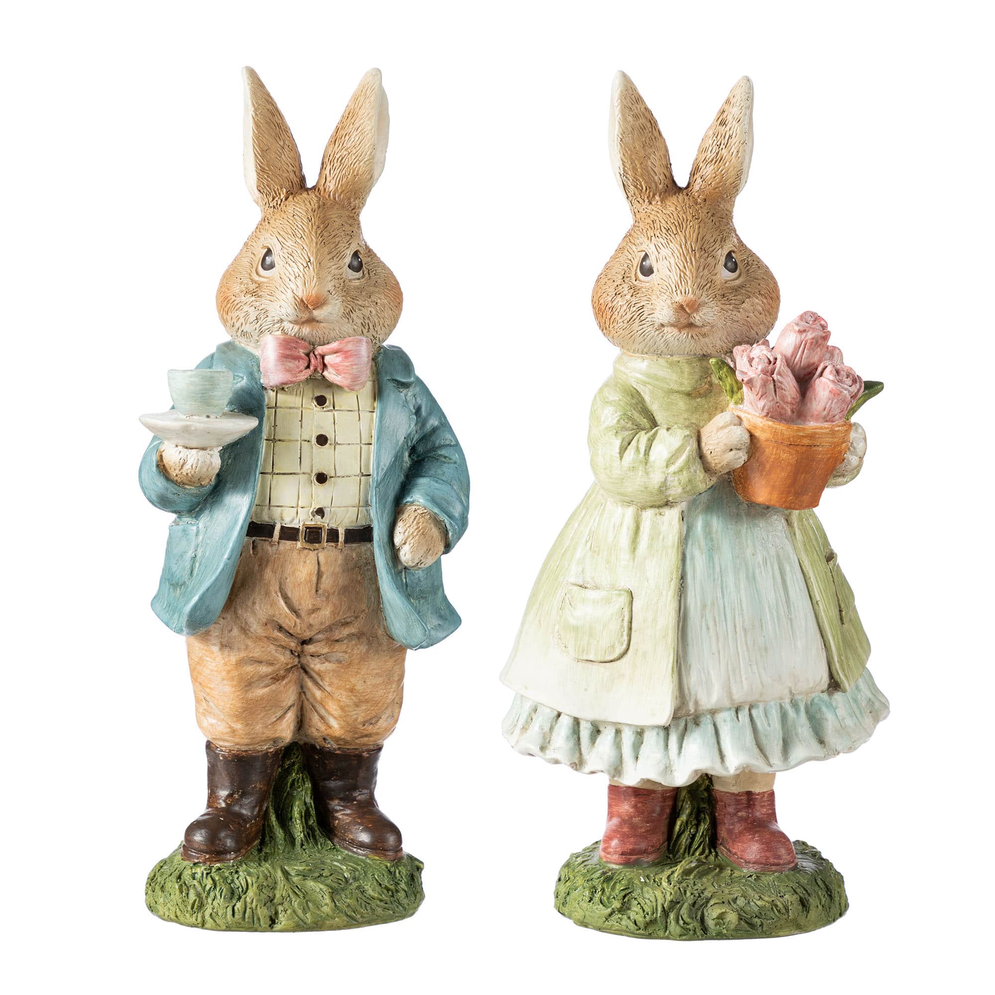 Glitzhome® 9.75" Easter Resin Bunny Couple with Coffee and Tulips Table Decor