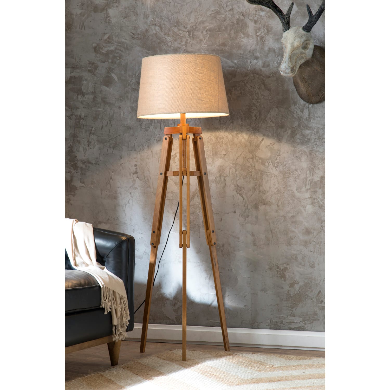 Hello Honey® 5ft. Mid-Century Modern Wood Floor Lamp with Burlap Drum Shade