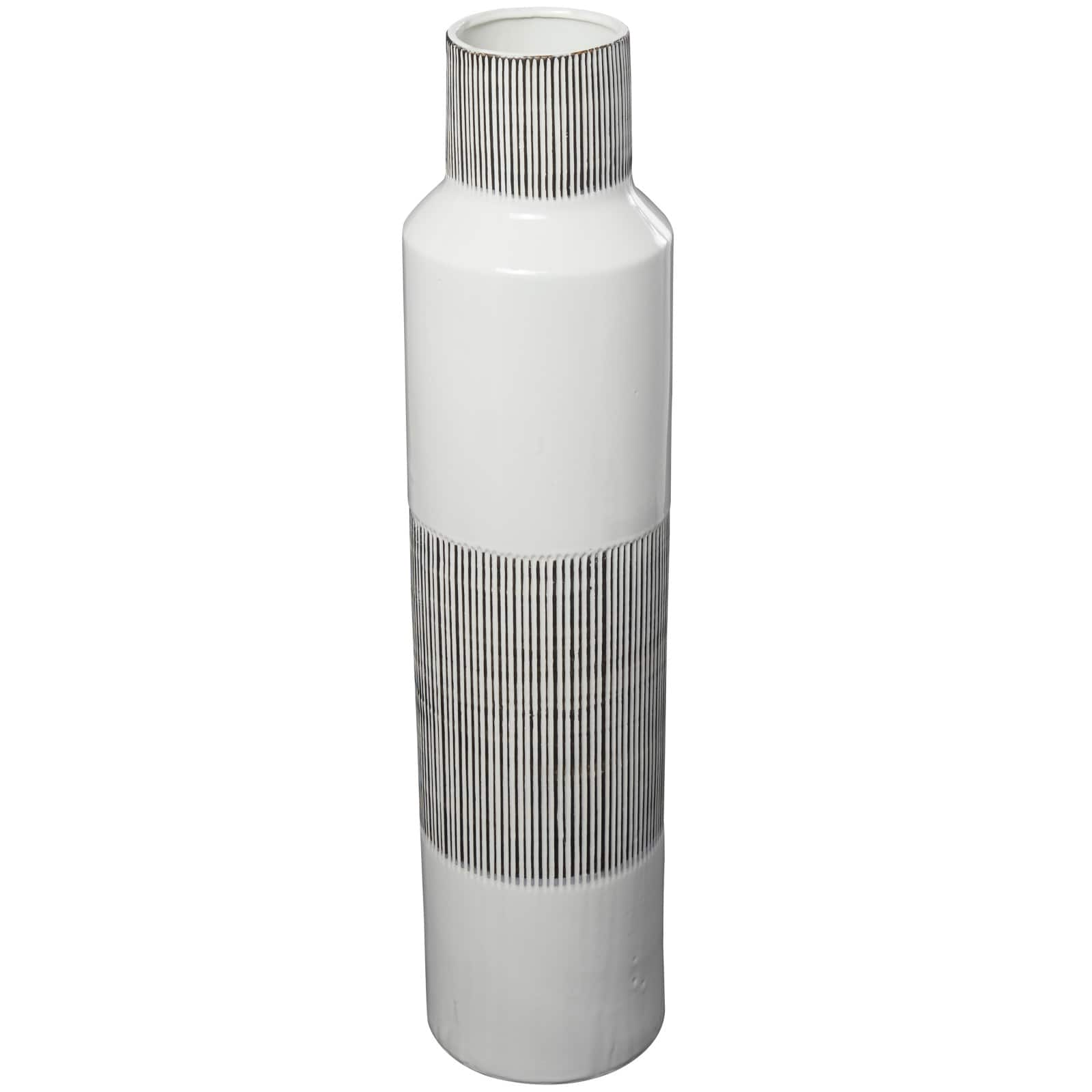 Glossy White Ceramic Vase with Vertical Stripes