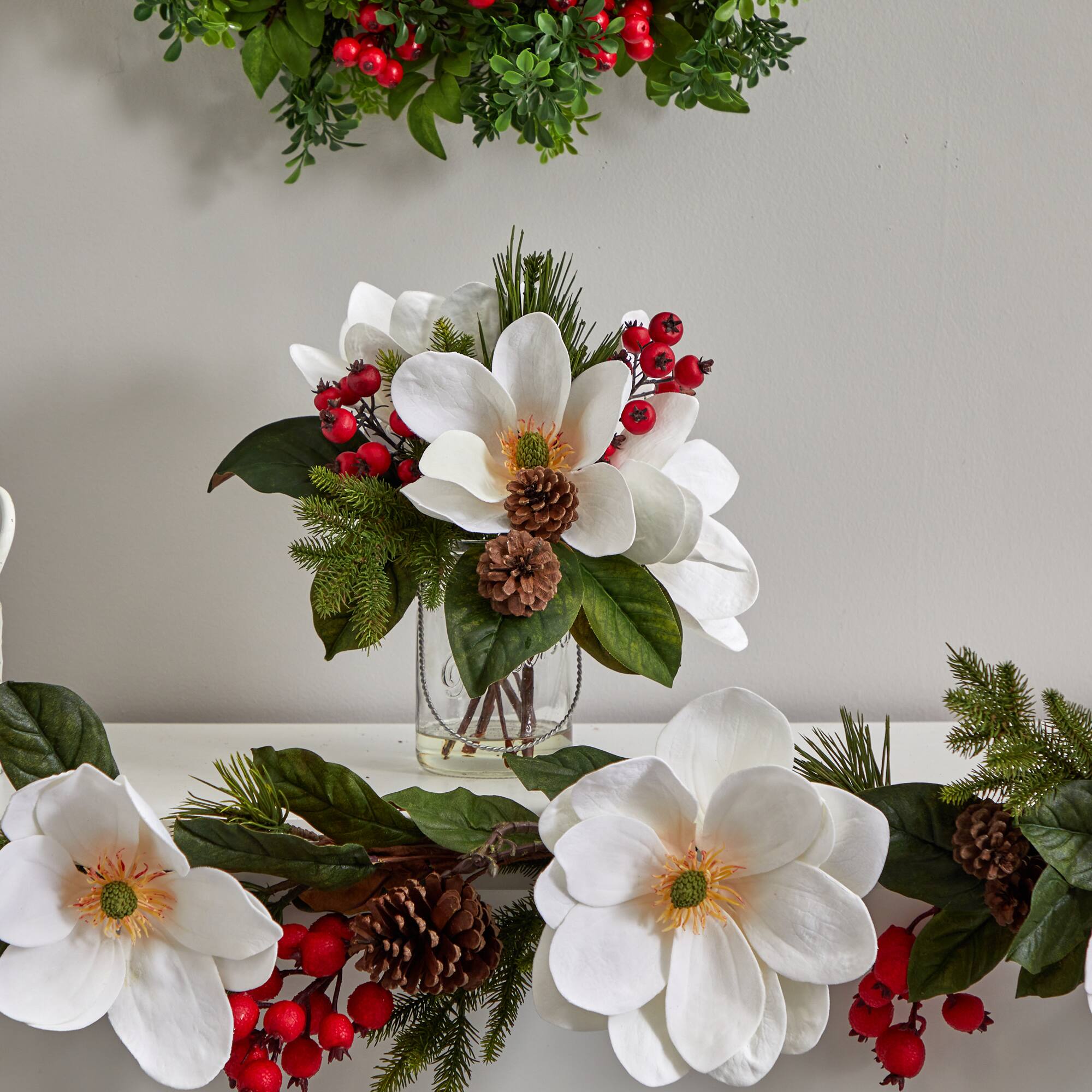 12&#x22; Magnolia, Pine &#x26; Berry Arrangement in Glass Vase