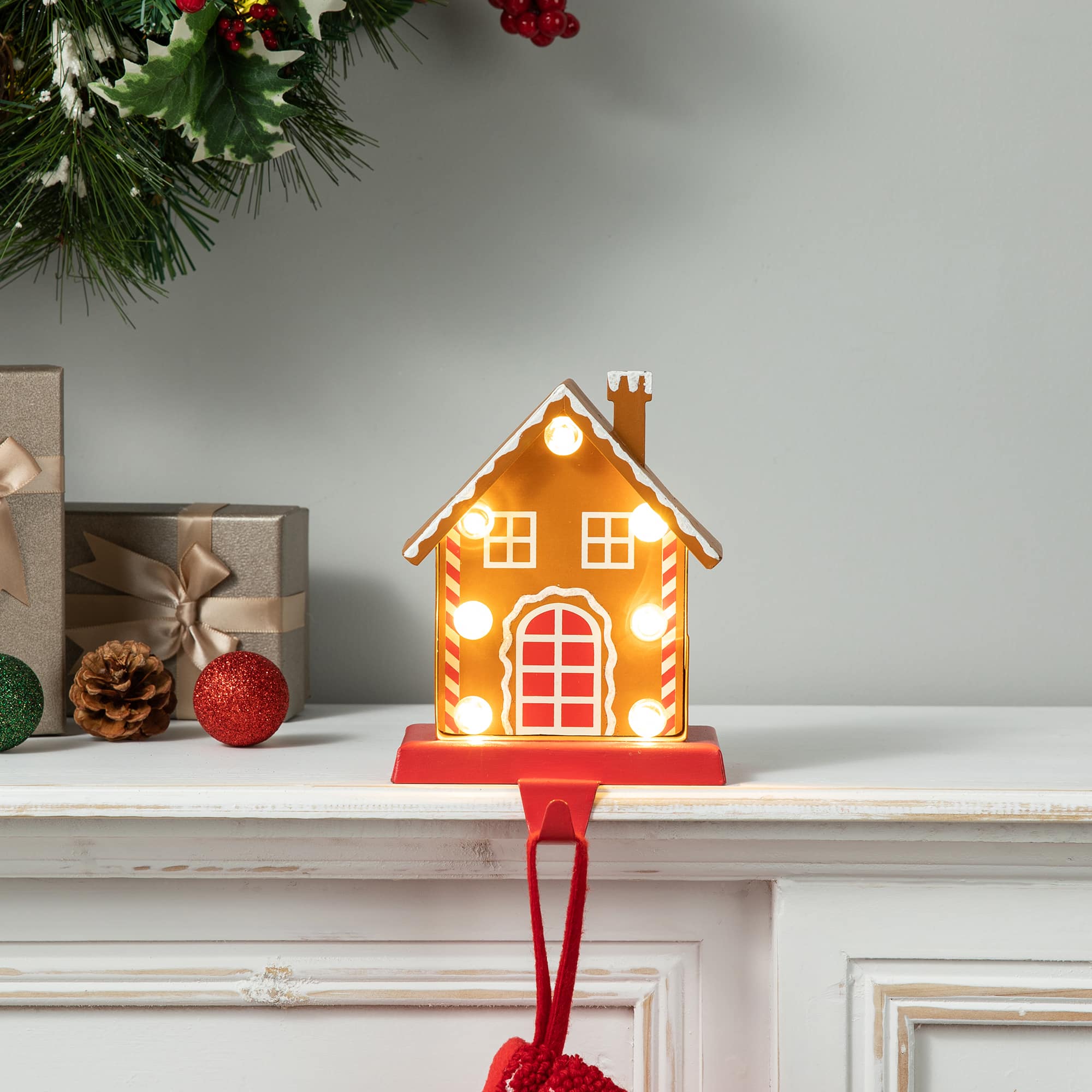 Glitzhome® 6.75'' Marquee LED Gingerbread House Metal Christmas Stocking Holder