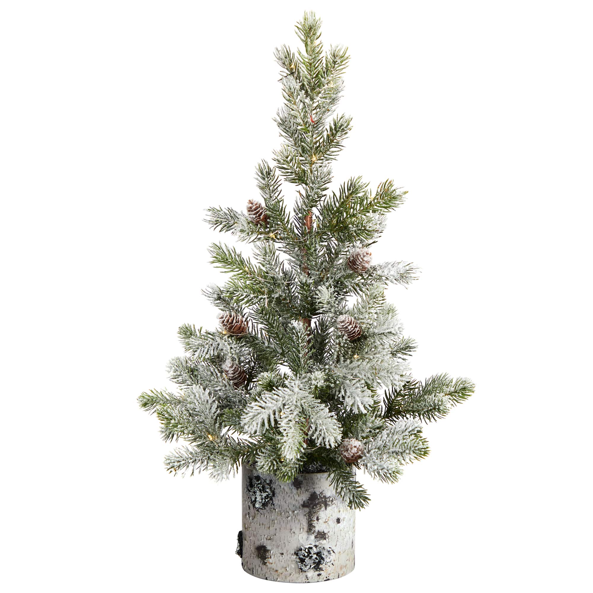 2ft. Pre-Lit Flocked Artificial Christmas Tree in Decorative Birch Bark Planter, LED Lights