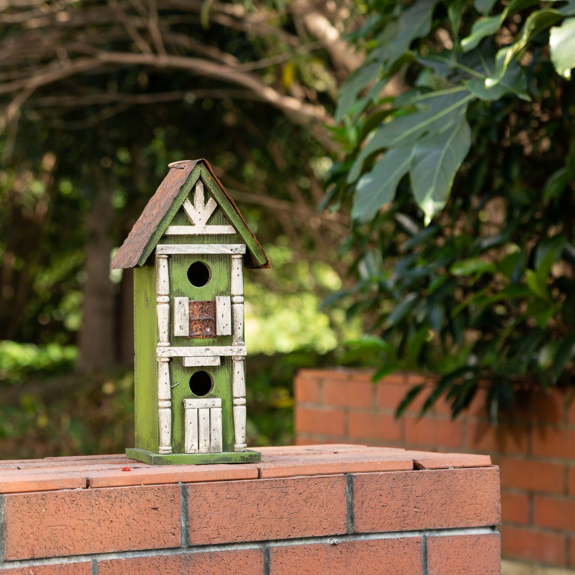 Glitzhome&#xAE; Tall 2-Tiered Distressed Wood Hand Painted Bird House