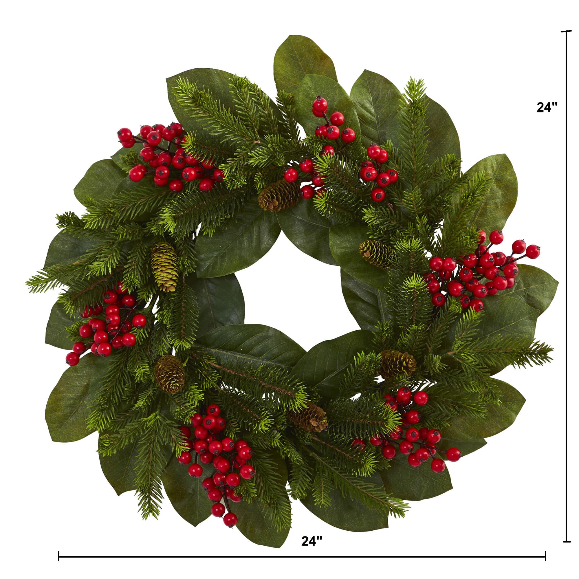 24" Magnolia Leaf, Berry & Pine Artificial Wreath