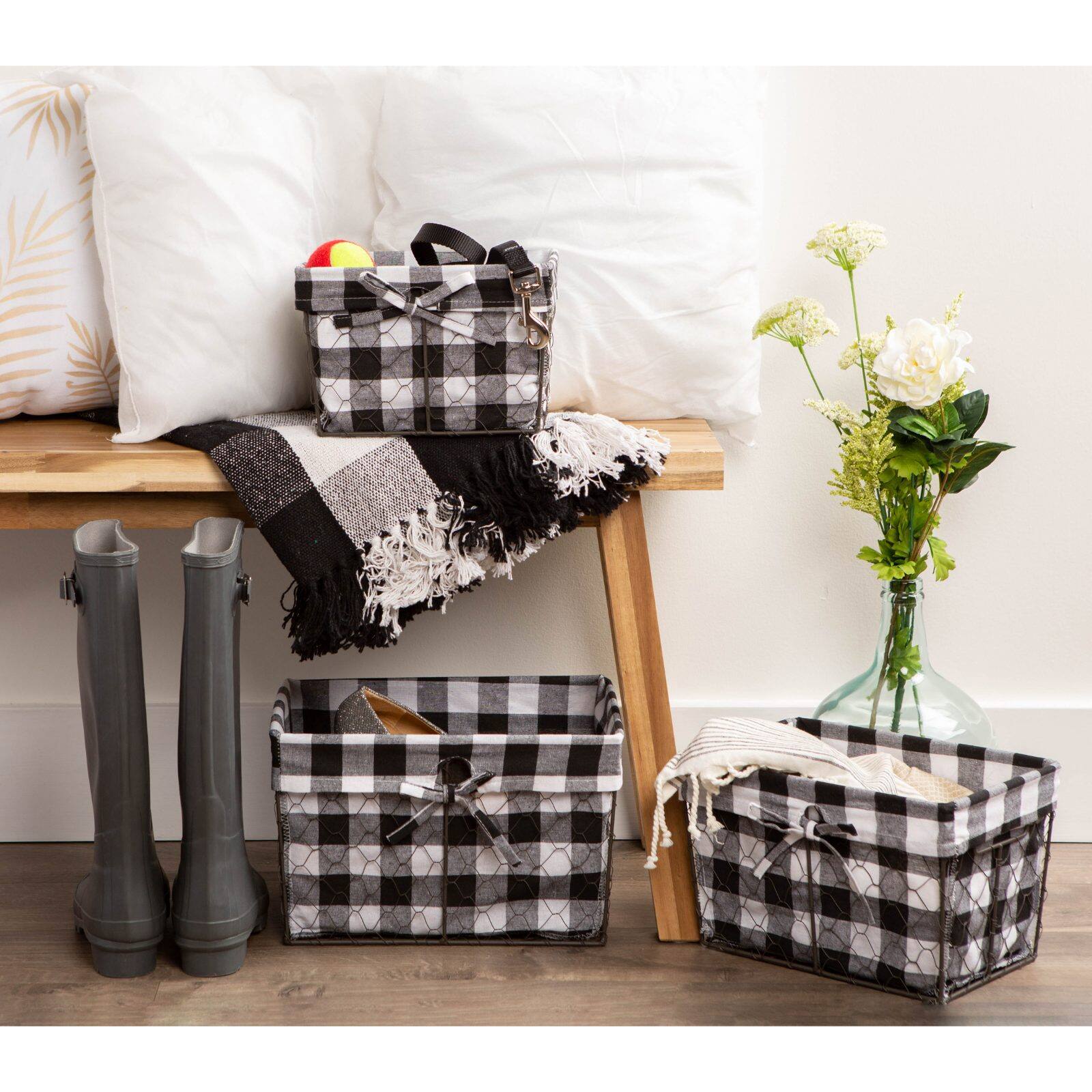 DII&#xAE; Black &#x26; White Checkered Chicken Wire Basket Set