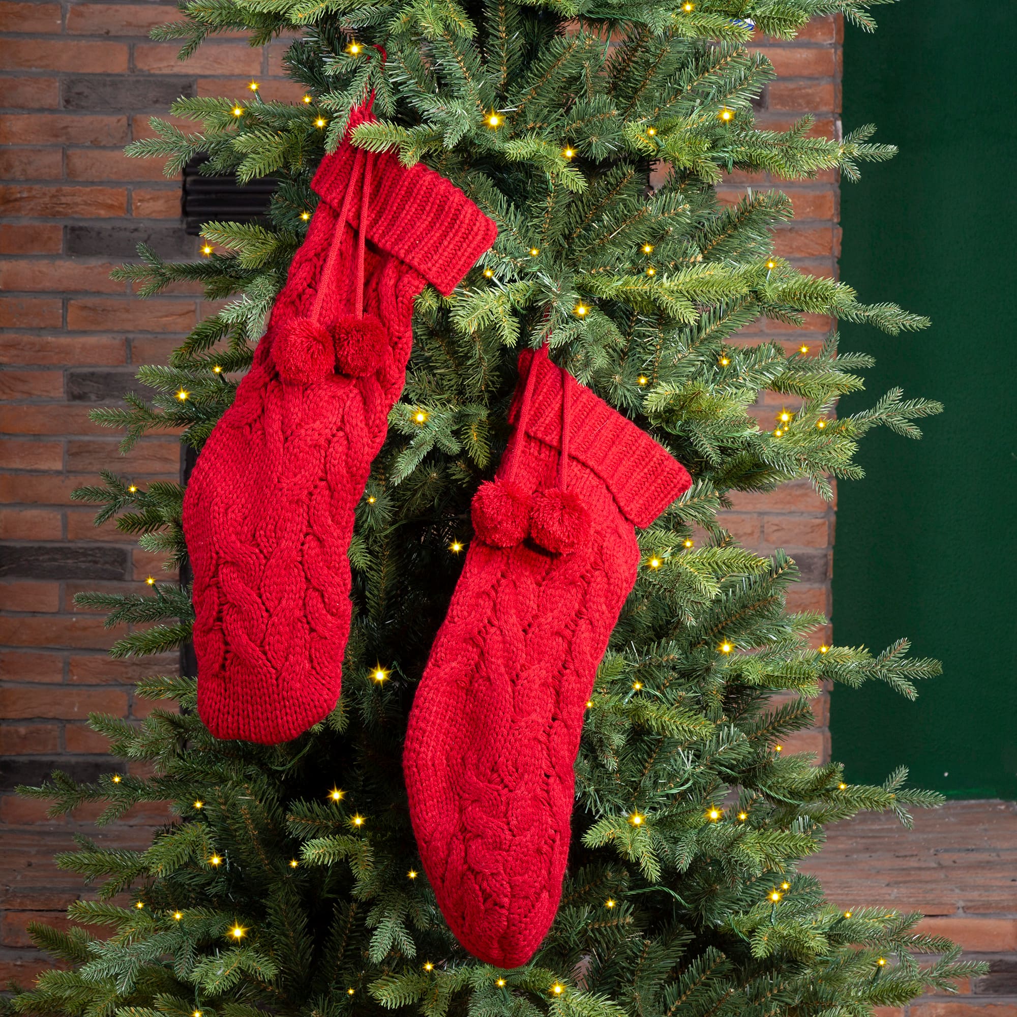 Glitzhome® 24" Red Knitted Polyester Christmas Stocking with Pom Pom, 2ct.