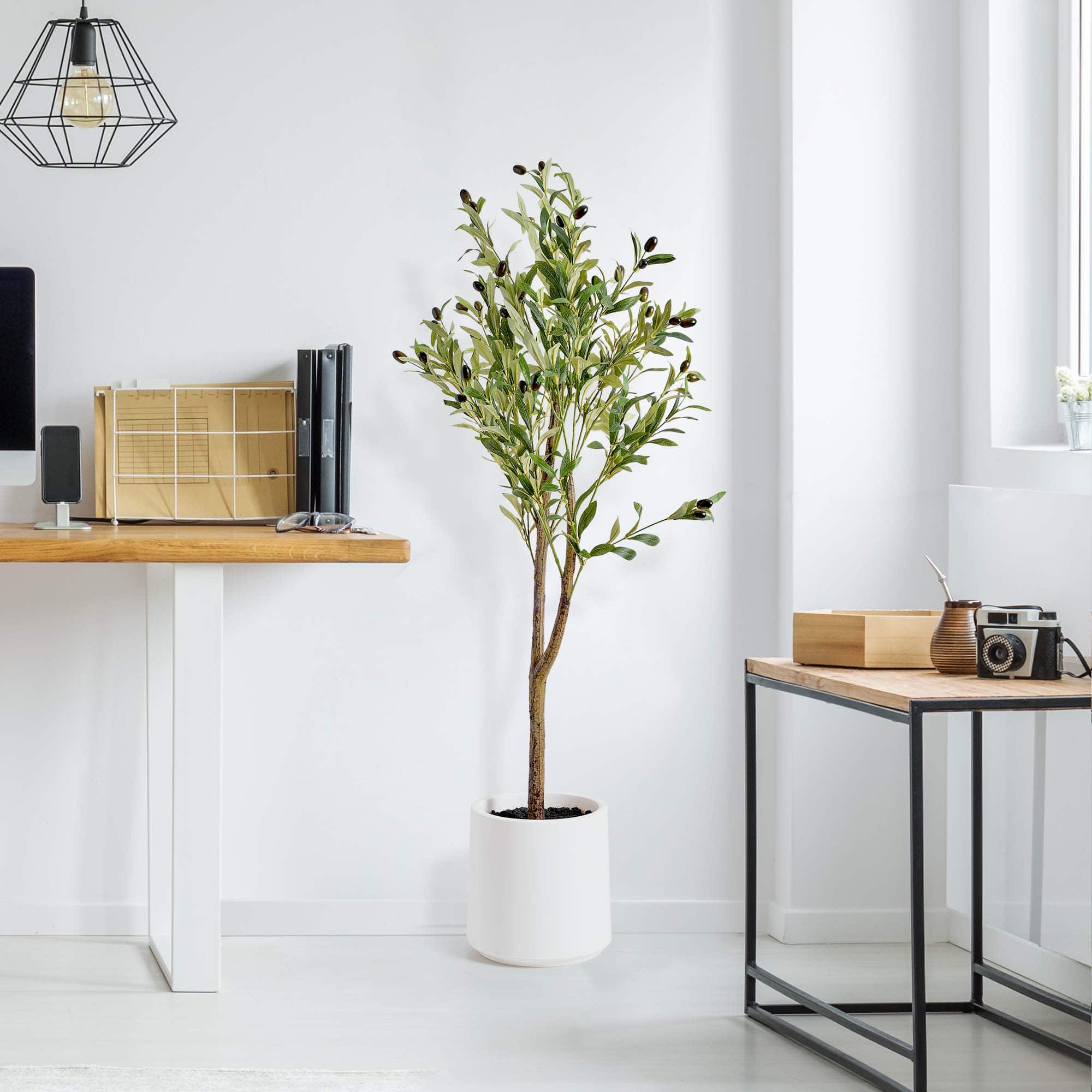 American Art Decor 4ft. Realistic Artificial Olive Tree in White Pot