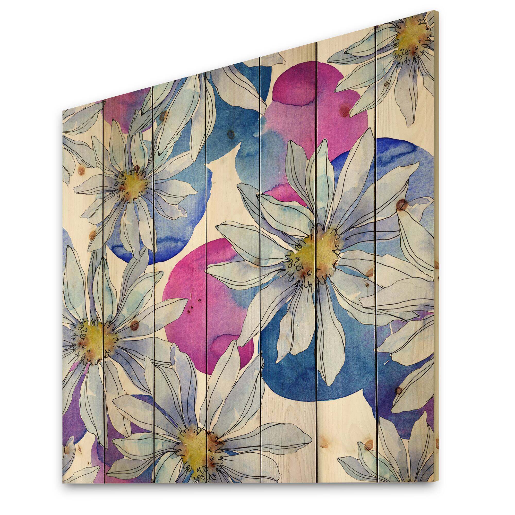 Designart - Daisies With Green Leaves I - Traditional Print on Natural Pine Wood