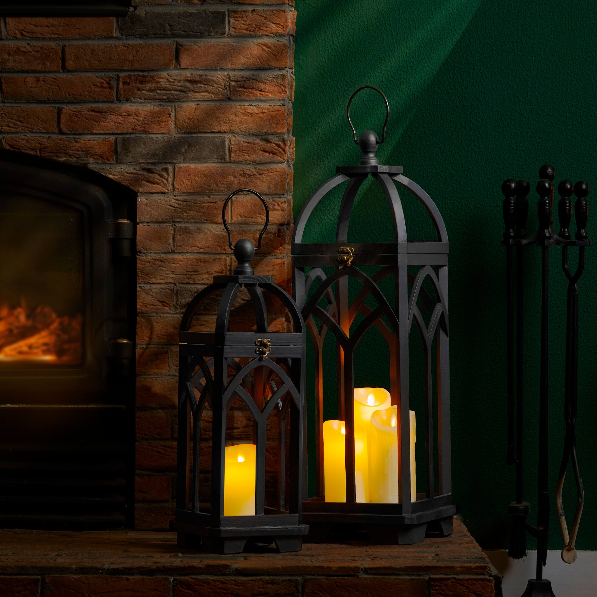 Glitzhome® Black Farmhouse Church Window Wood & Metal Lanterns Set