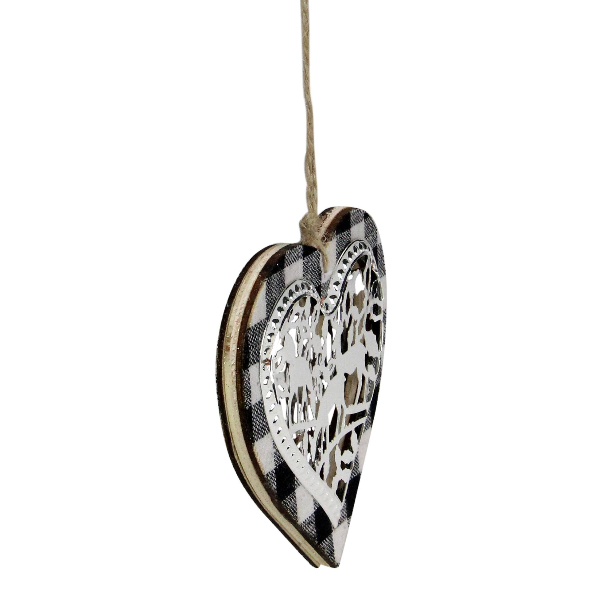 4.25&#x22; Black and White Buffalo Plaid Heart with Reindeer Christmas Ornament