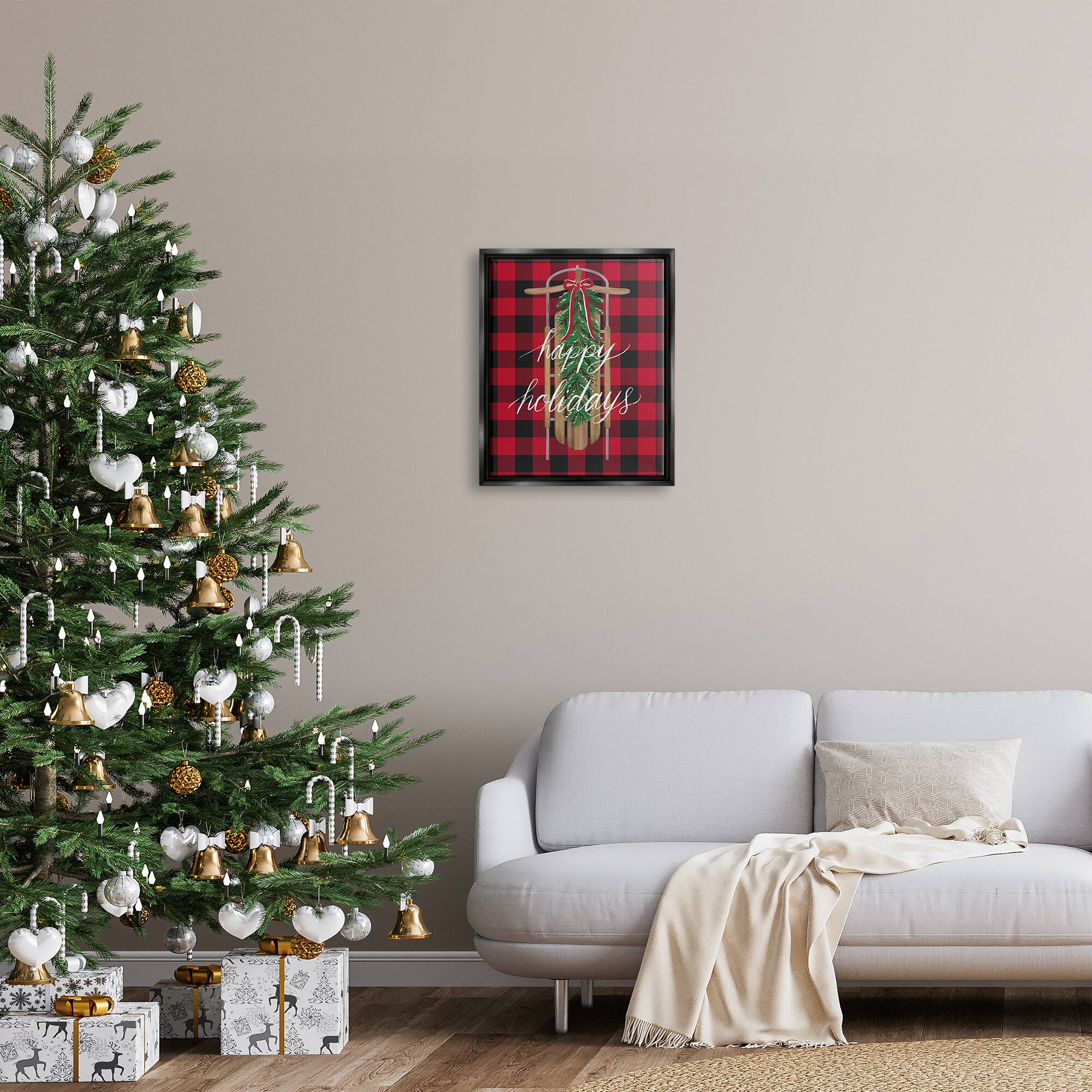 Stupell Industries Happy Holidays Tartan Sled Framed Floater Canvas Wall Art