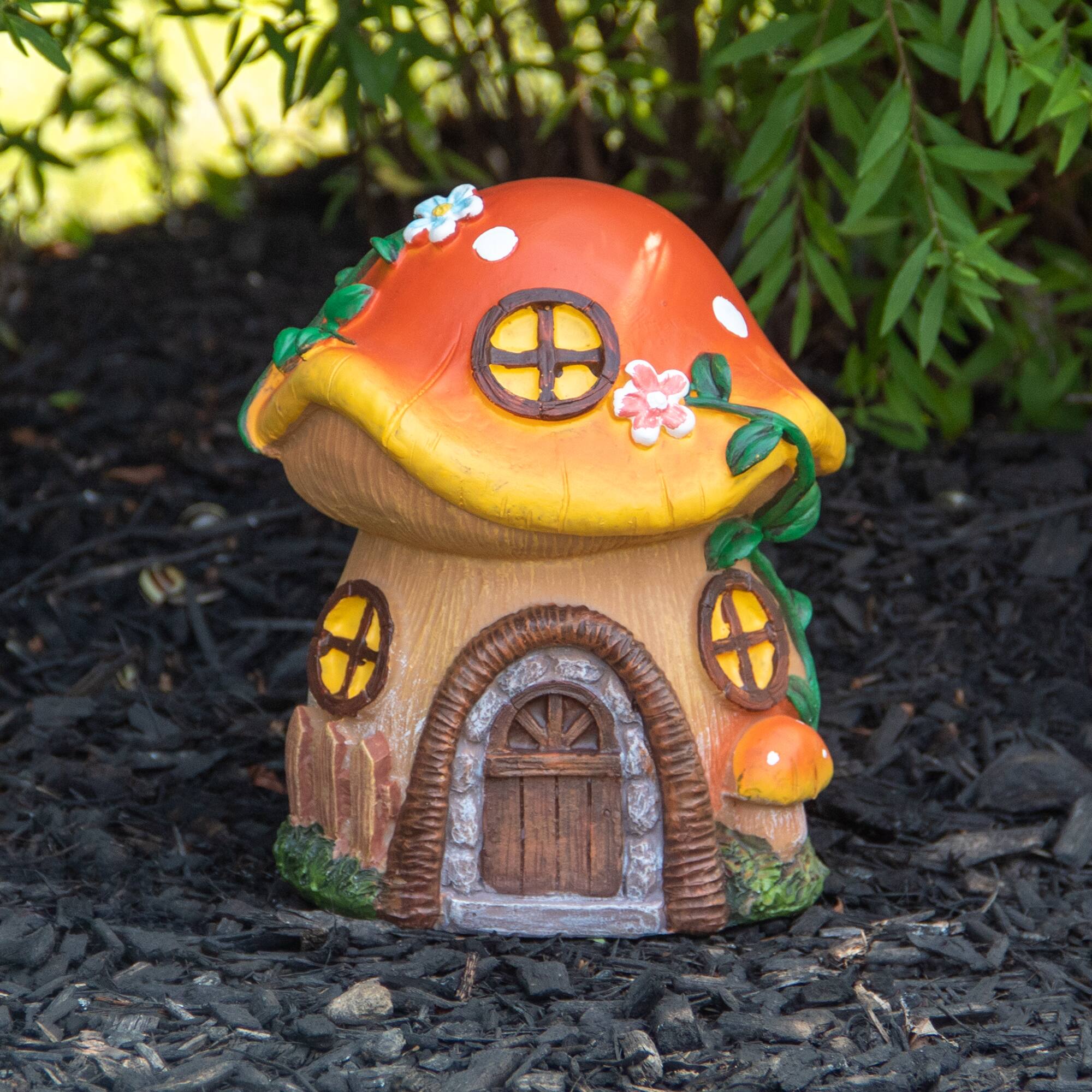 6.25&#x22; Orange Mushroom House Outdoor Garden Statue