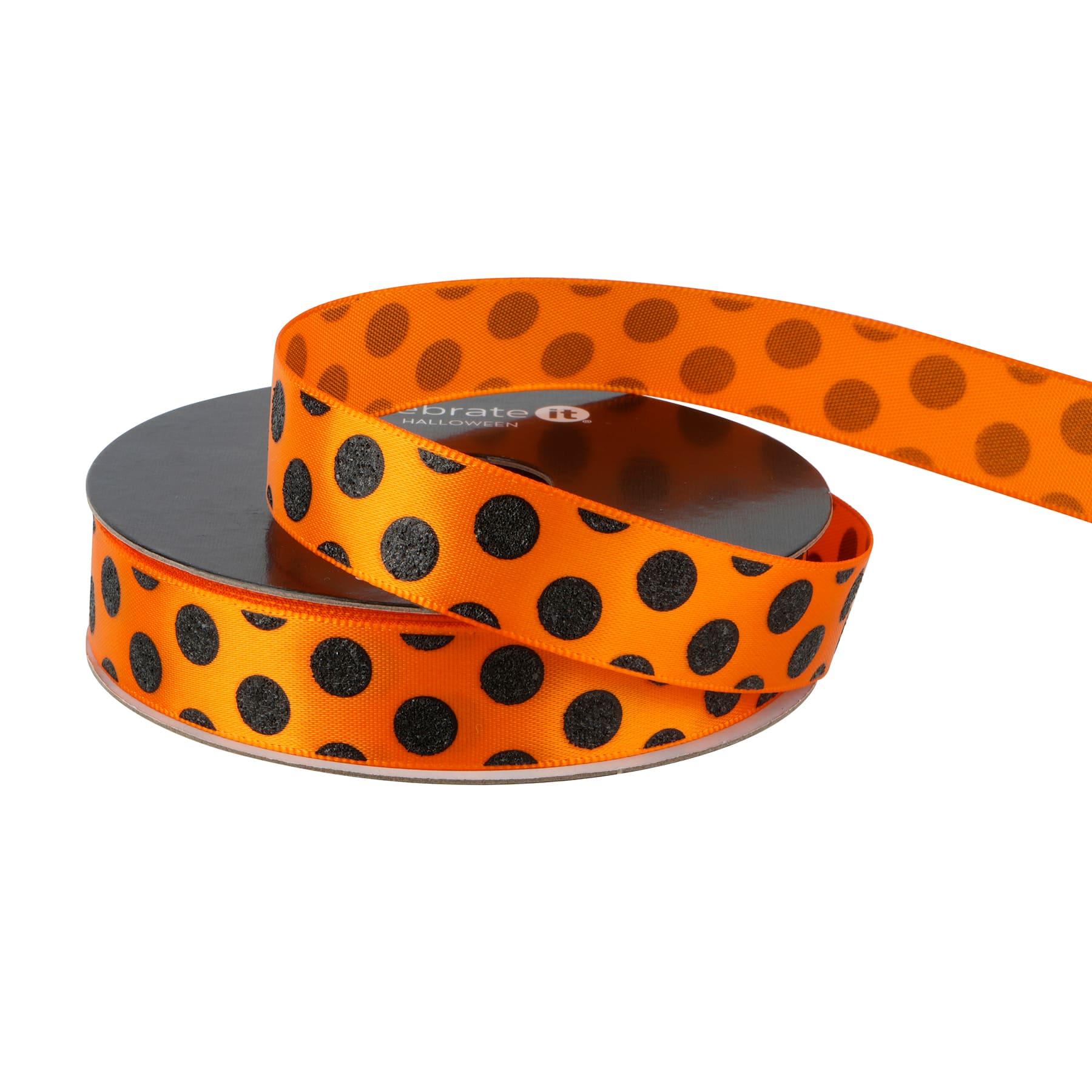 5/8&#x22; x 4yd. Black Glitter Dots on Orange Ribbon by Celebrate It&#xAE; Halloween