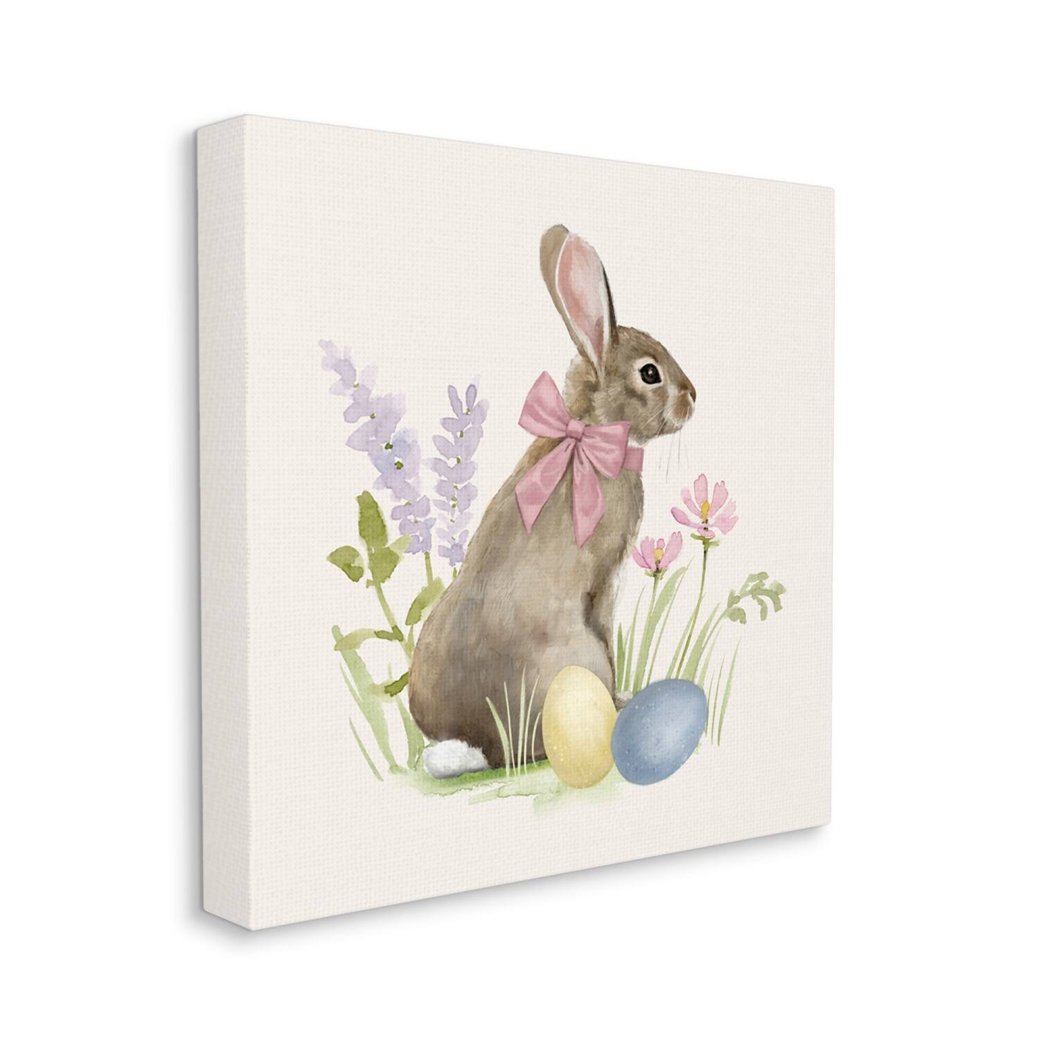 Stupell Industries Easter Bunny Rabbit Bow Spring Flowers & Eggs Canvas Wall Art