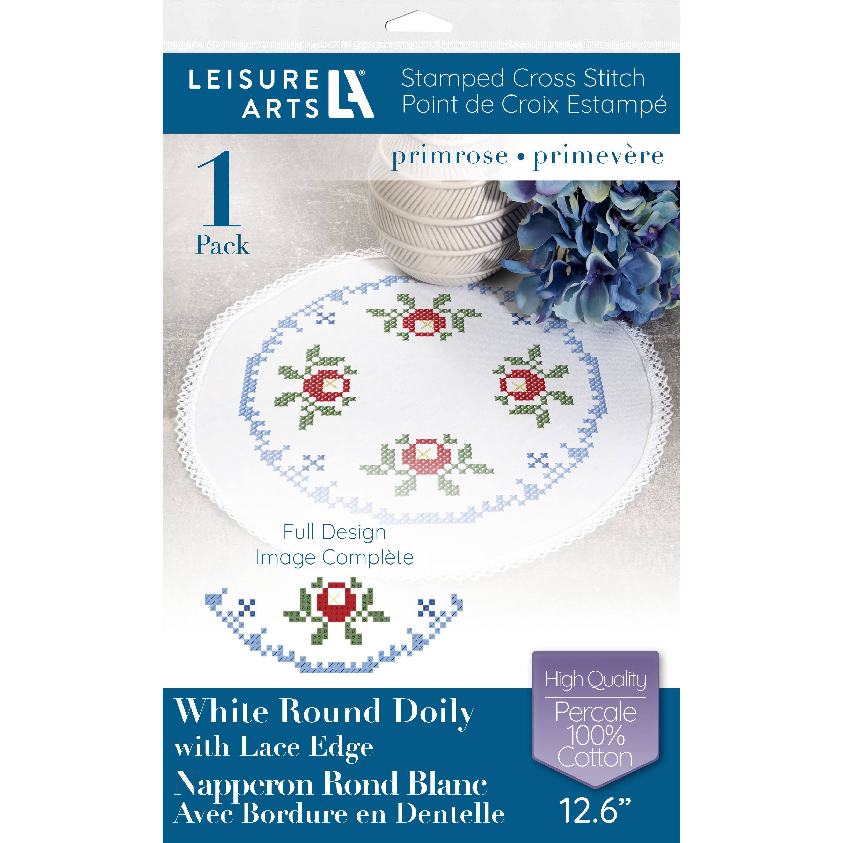 Leisure Arts® White Round Primrose Cross Stitch Doily
