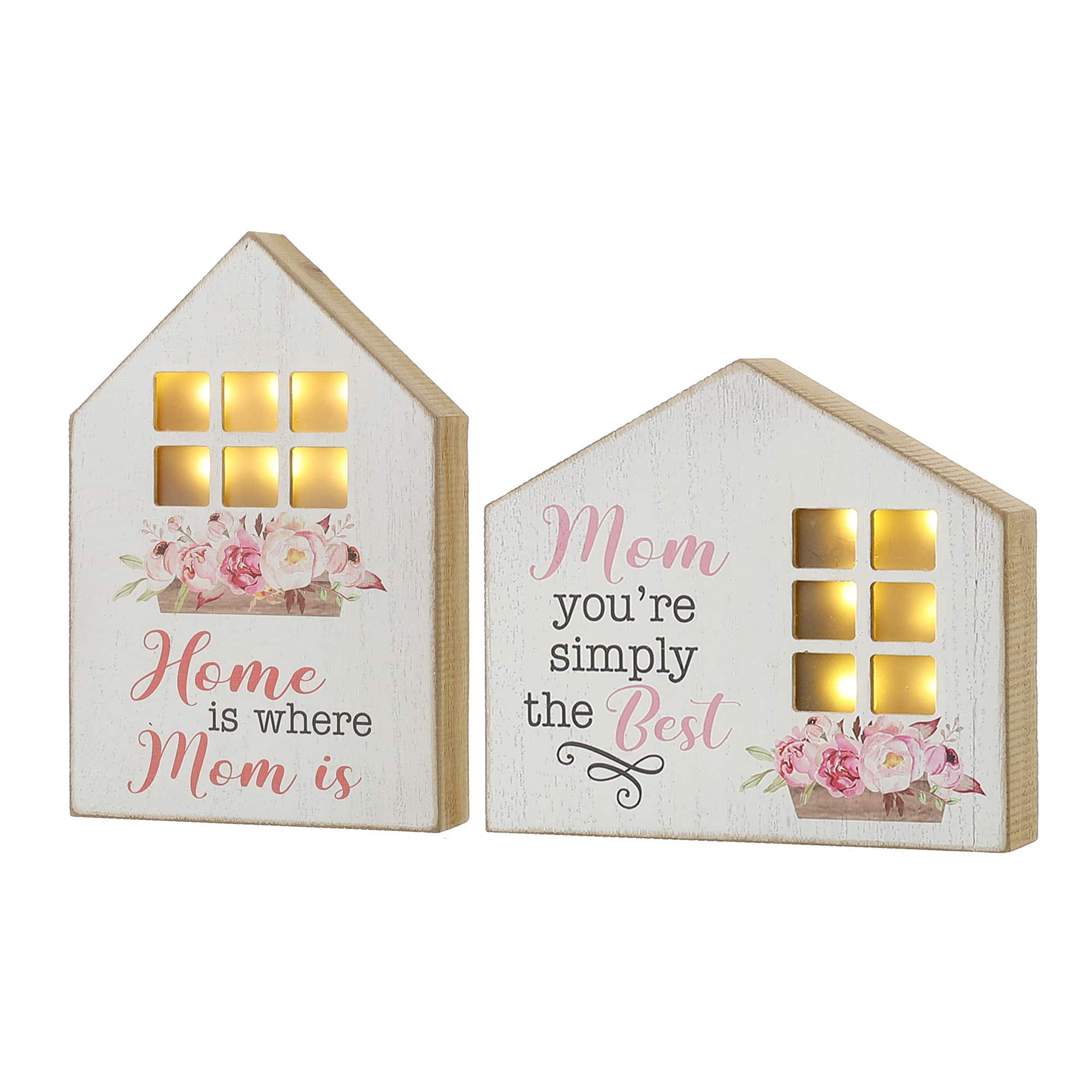 Glitzhome® Lighted Wood Mother's Day House Shaped Table Sign Set