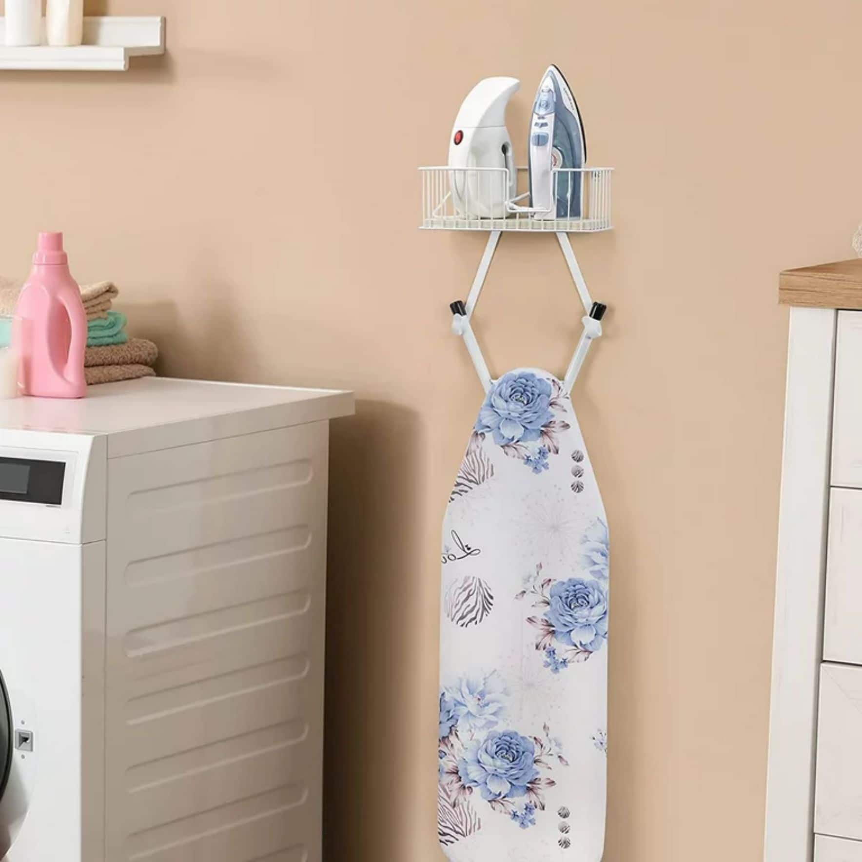 NEX&#x2122; White Wall-Mounted Y-Leg Ironing Board Hanger with Storage Basket