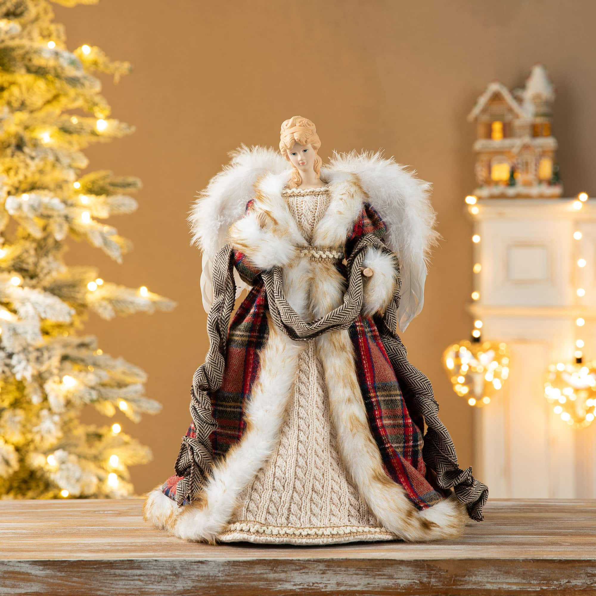 Glitzhome&#xAE; 16.5&#x22; Faux Fur Woodland Christmas Angel Tree Topper