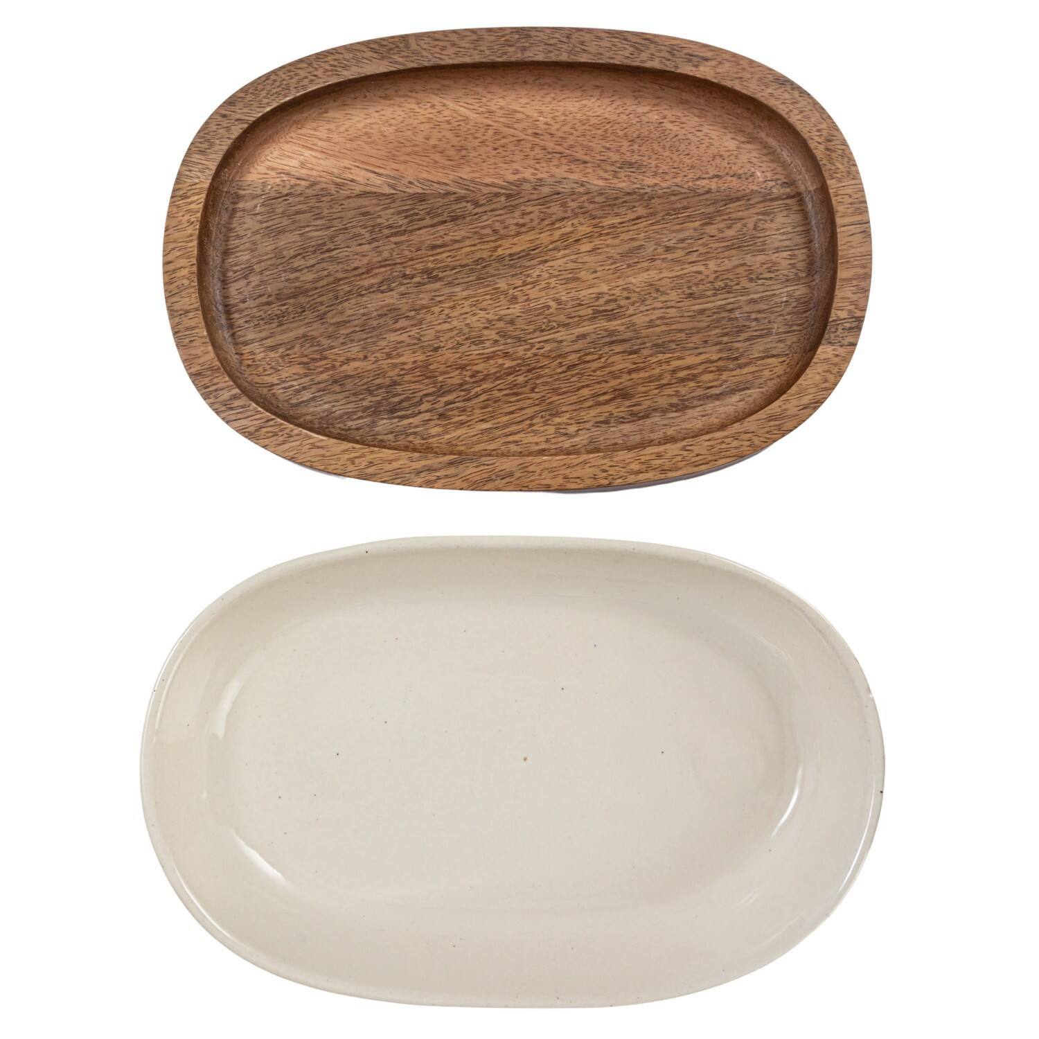 Hello Honey&#xAE; 13&#x22; Cream Stoneware Serving Dish with Natural Mango Wood Base