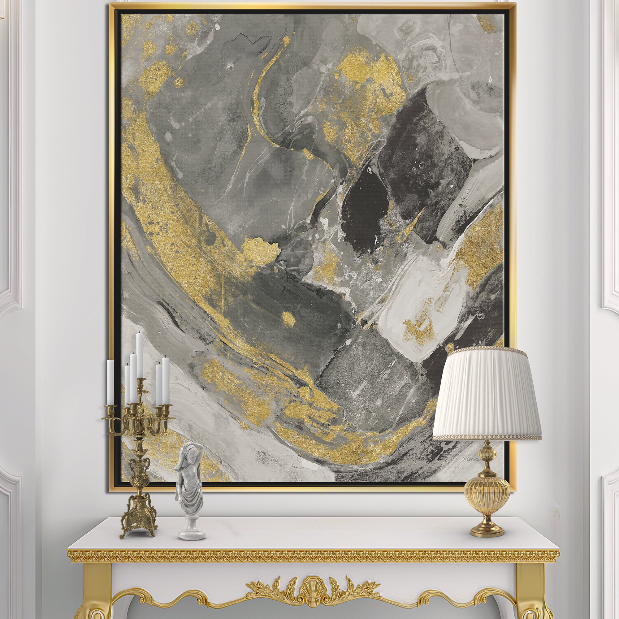Designart - Marble Gold and Black II - Modern &#x26; Contemporary Canvas in Gold Frame