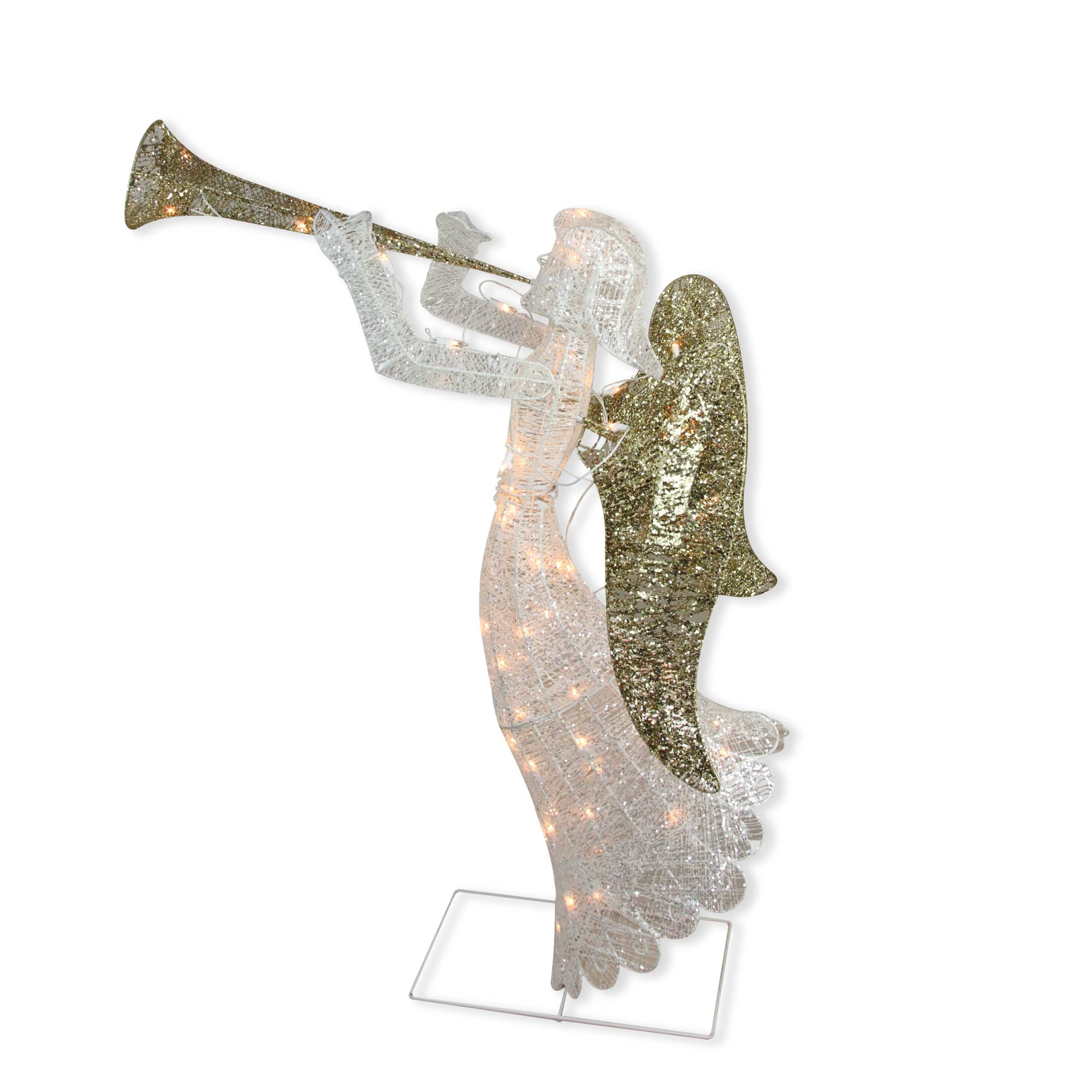 48&#x22; Silver &#x26; Gold Lighted Glittered Trumpeting Angel Outdoor Christmas D&#xE9;cor