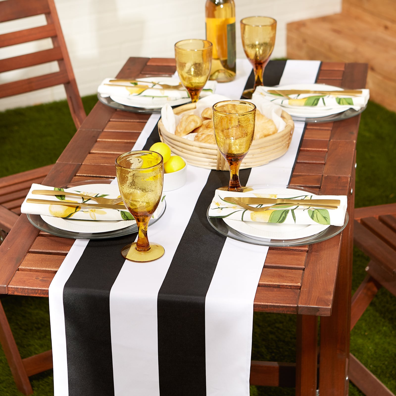 Black Cabana Stripe Print Outdoor Table Runner,, 14" x 72"