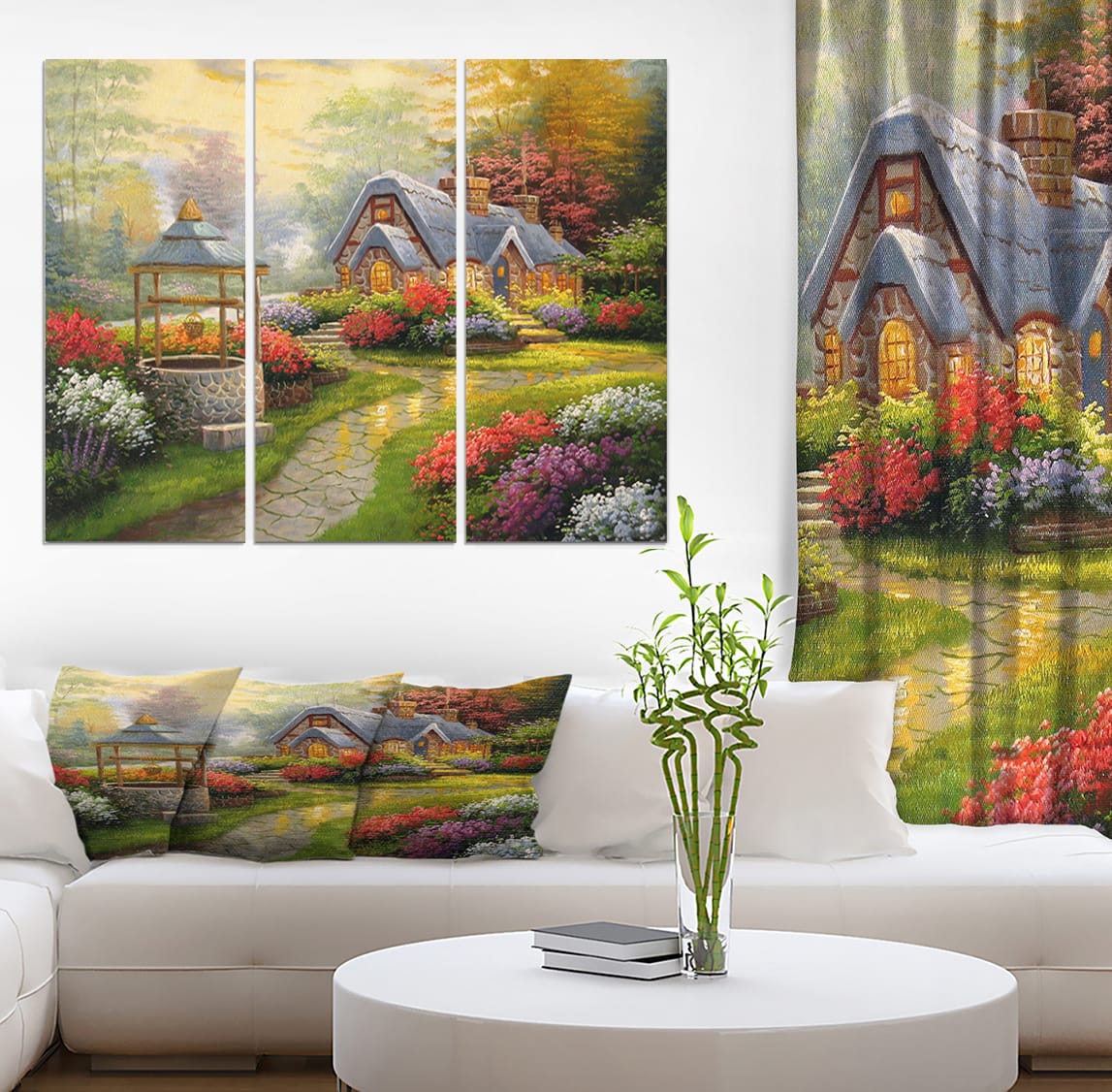 Designart - Sunset Stone Country Cottage - Floral Painting Print